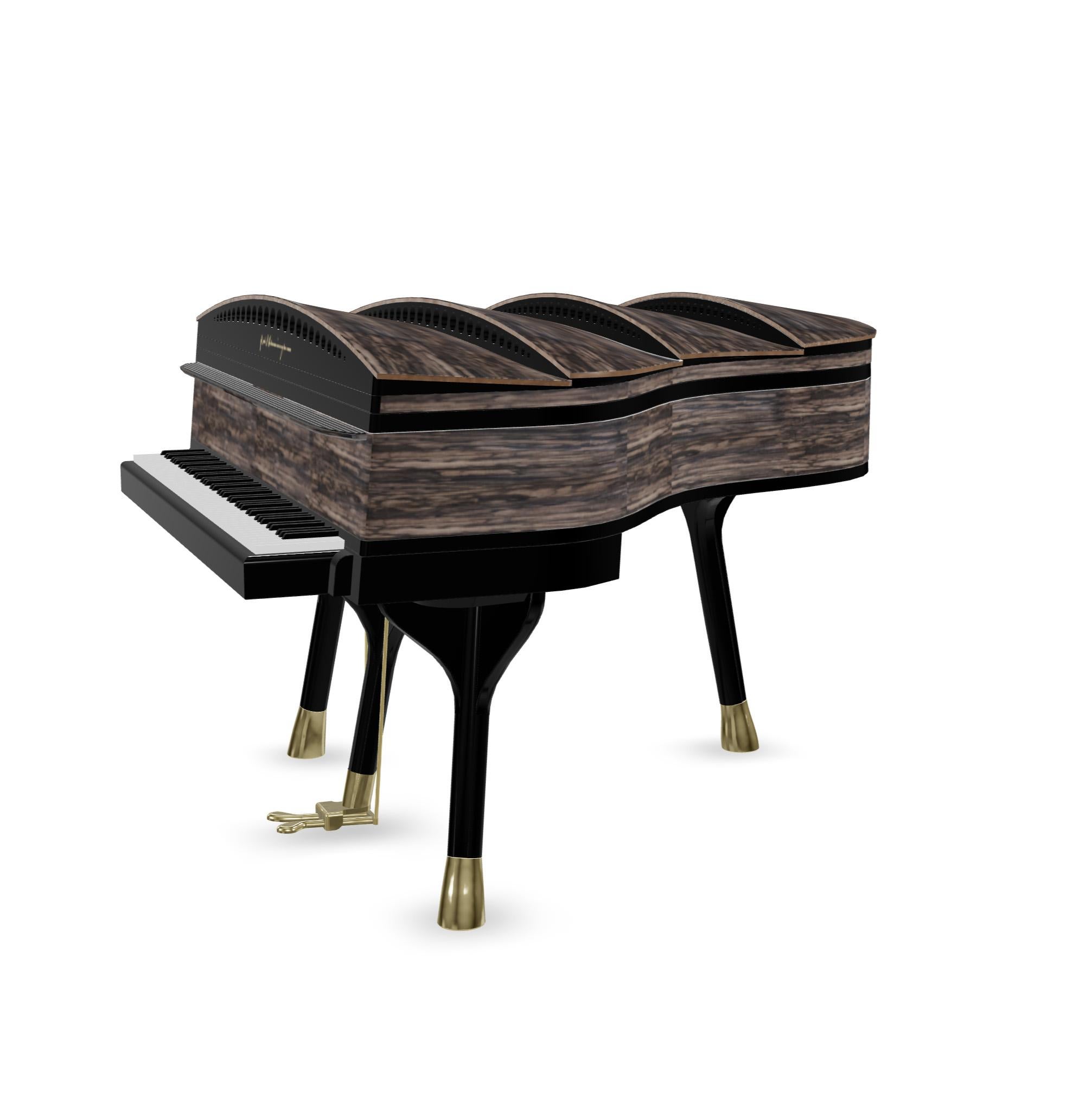 Art Deco PH180 Bow Grand Piano in Macassar Wood with Brass, Art-Case Piano For Sale