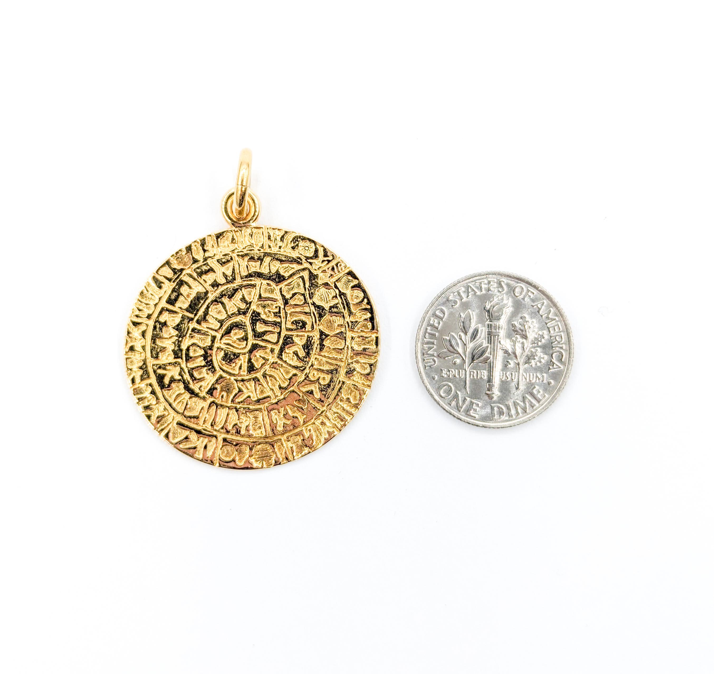 Modern Phaistos Greek Disc Pendant In Yellow Gold For Sale