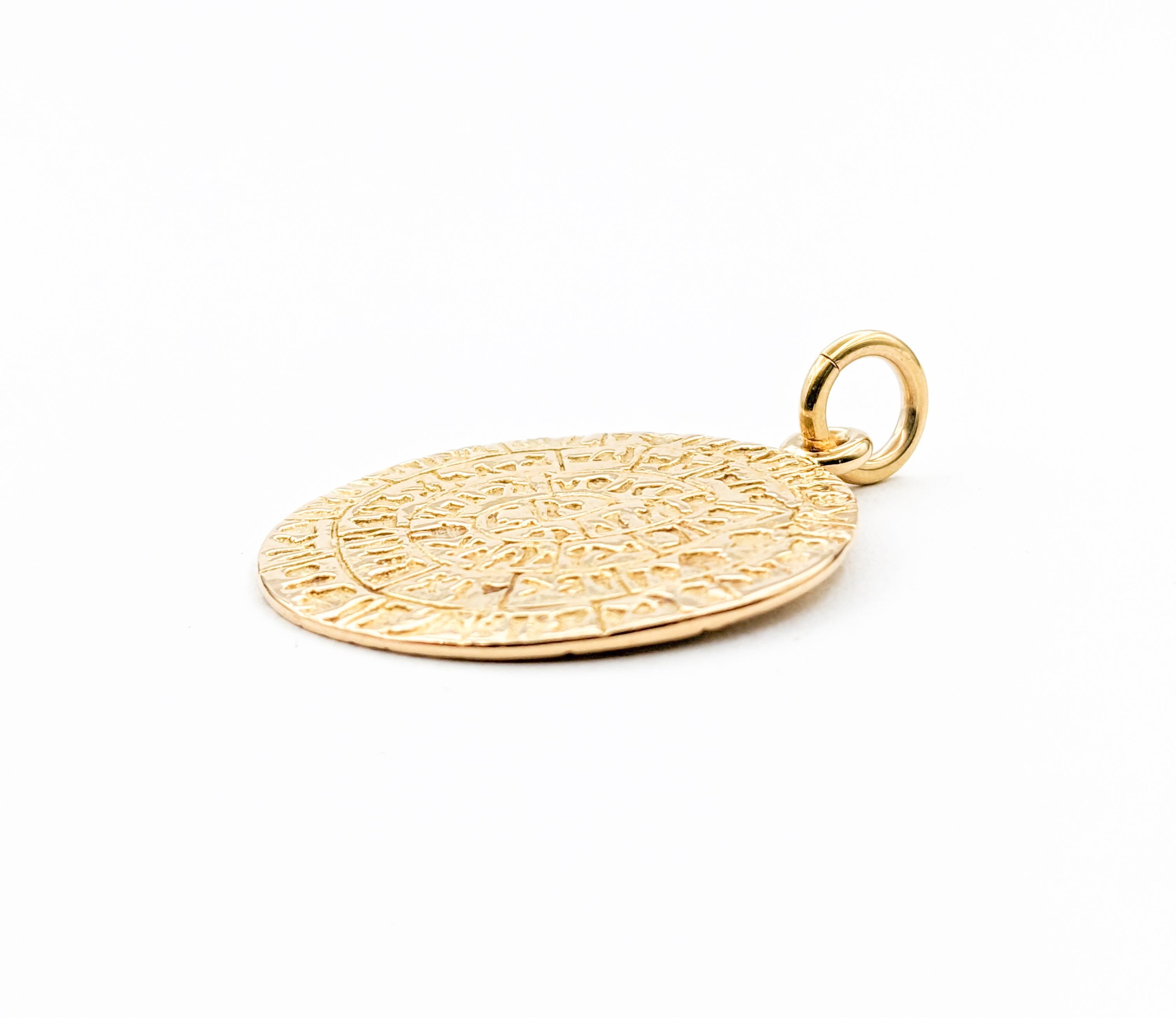 Phaistos Greek Disc Pendant In Yellow Gold In New Condition For Sale In Bloomington, MN