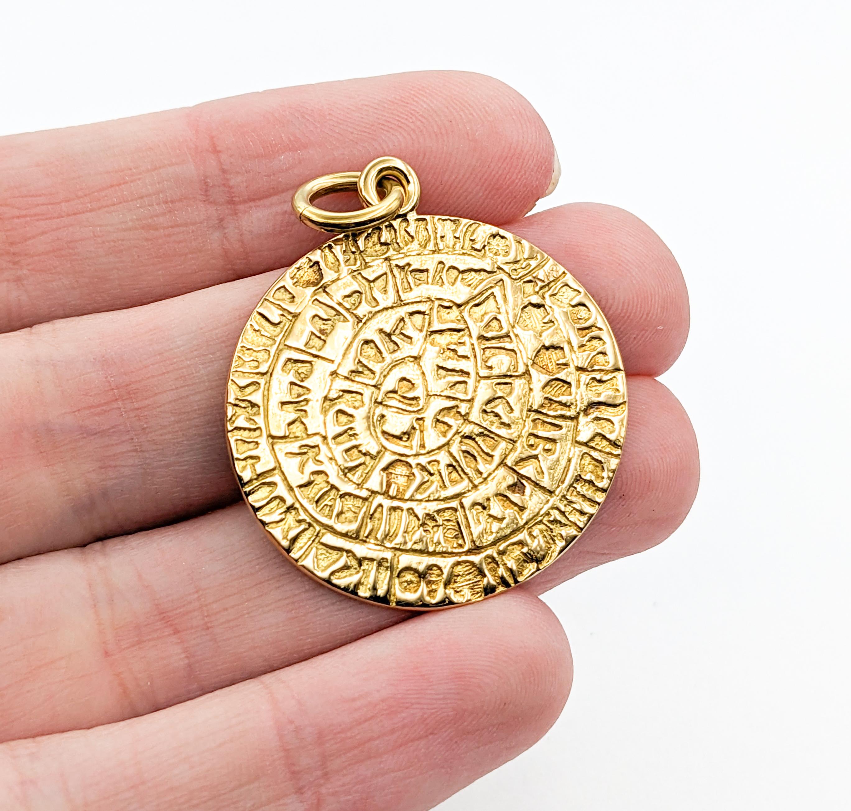Men's Phaistos Greek Disc Pendant In Yellow Gold For Sale