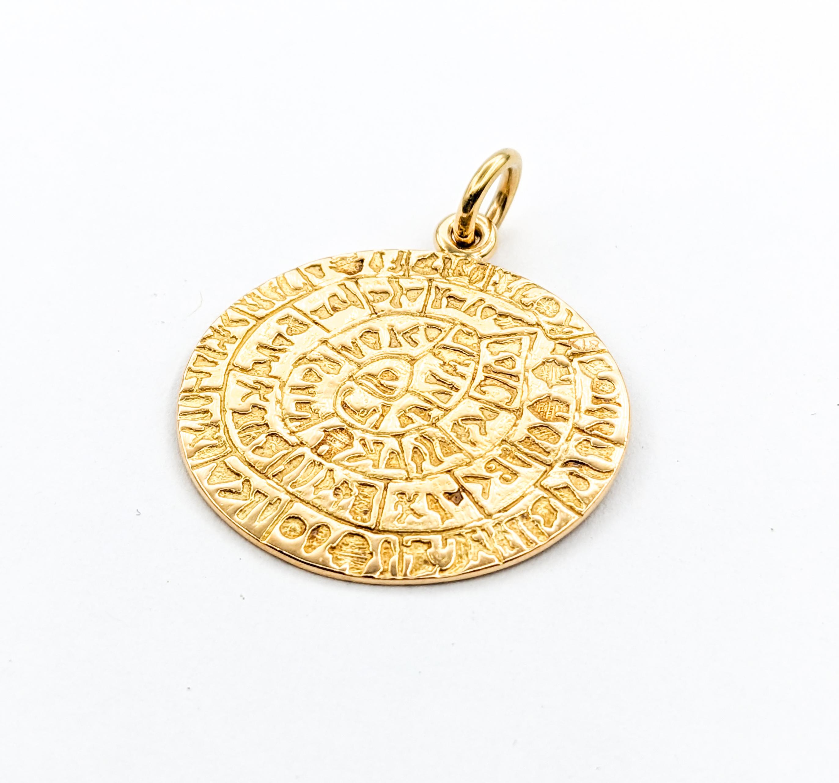 Phaistos Greek Disc Pendant In Yellow Gold For Sale 1