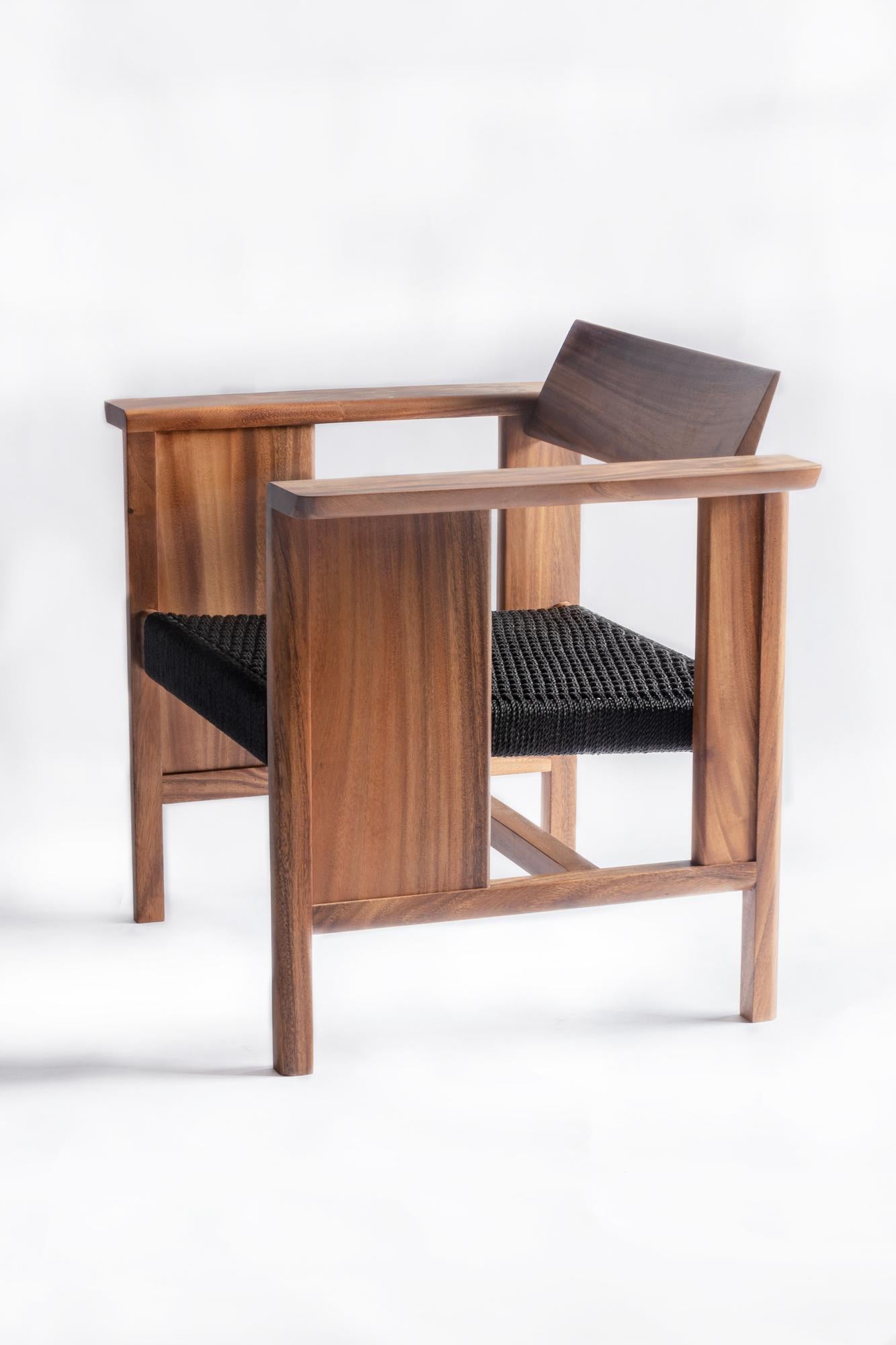 Mid-Century Modern  PHAKA lounge, Natural Acacia Wood and Black Cords  For Sale