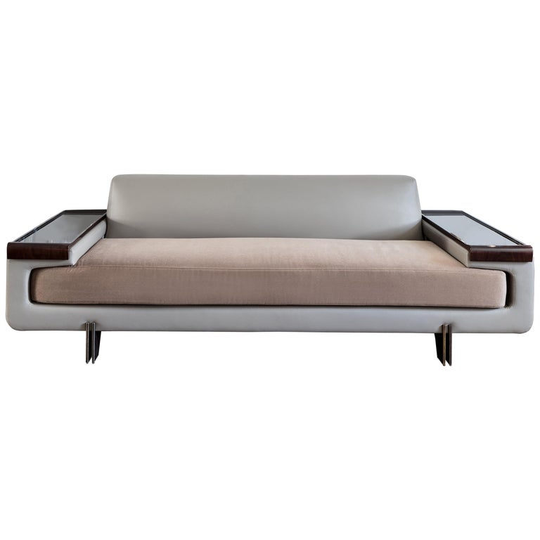 Phalanx Sofa With Dark Walnut Trays In Holly Hunt Fabrics And Bronze Patina Feet