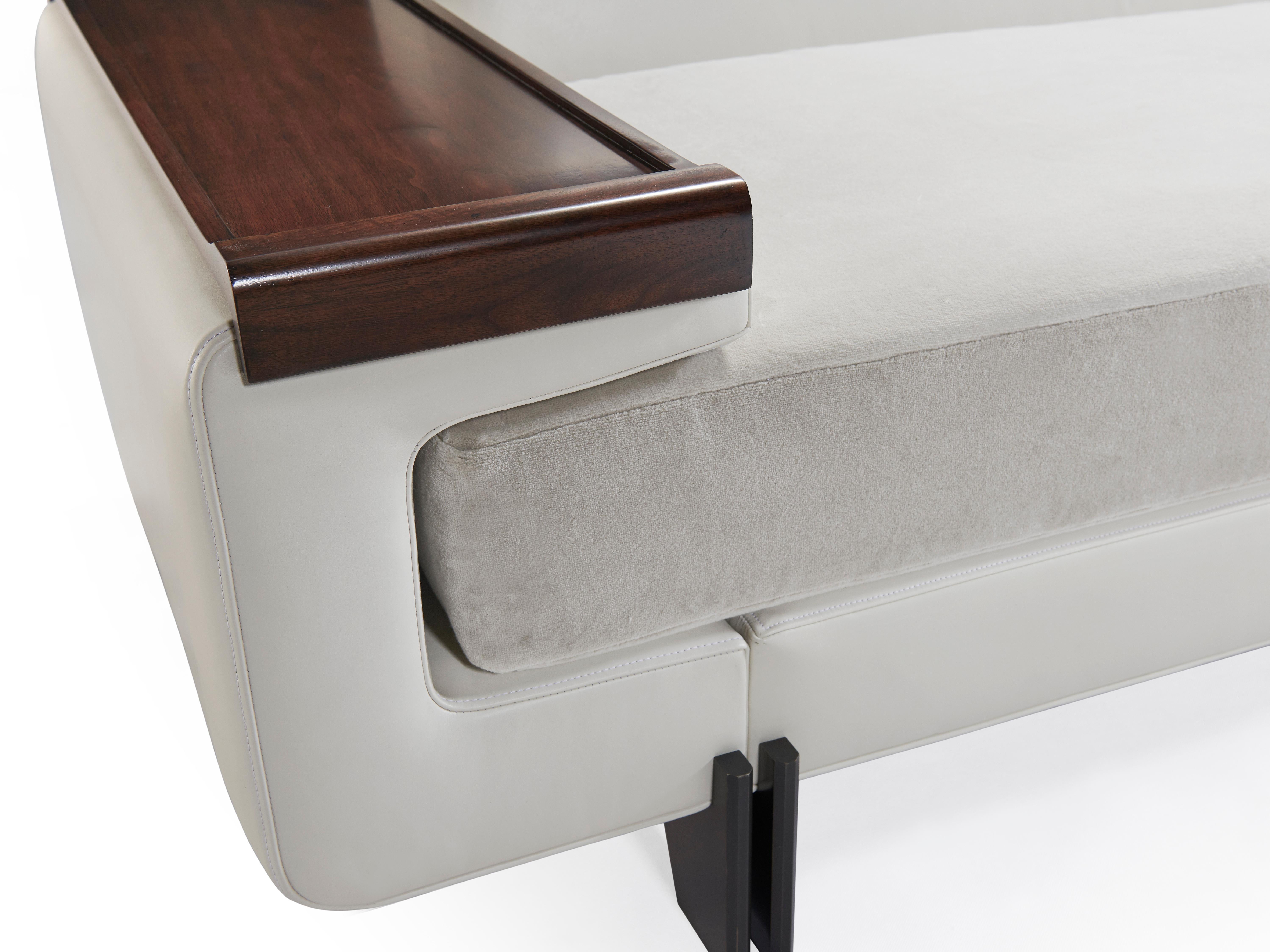 Modern Phalanx Sofa with Dark Walnut Trays In Holly Hunt Fabrics and Bronze Patina Feet For Sale