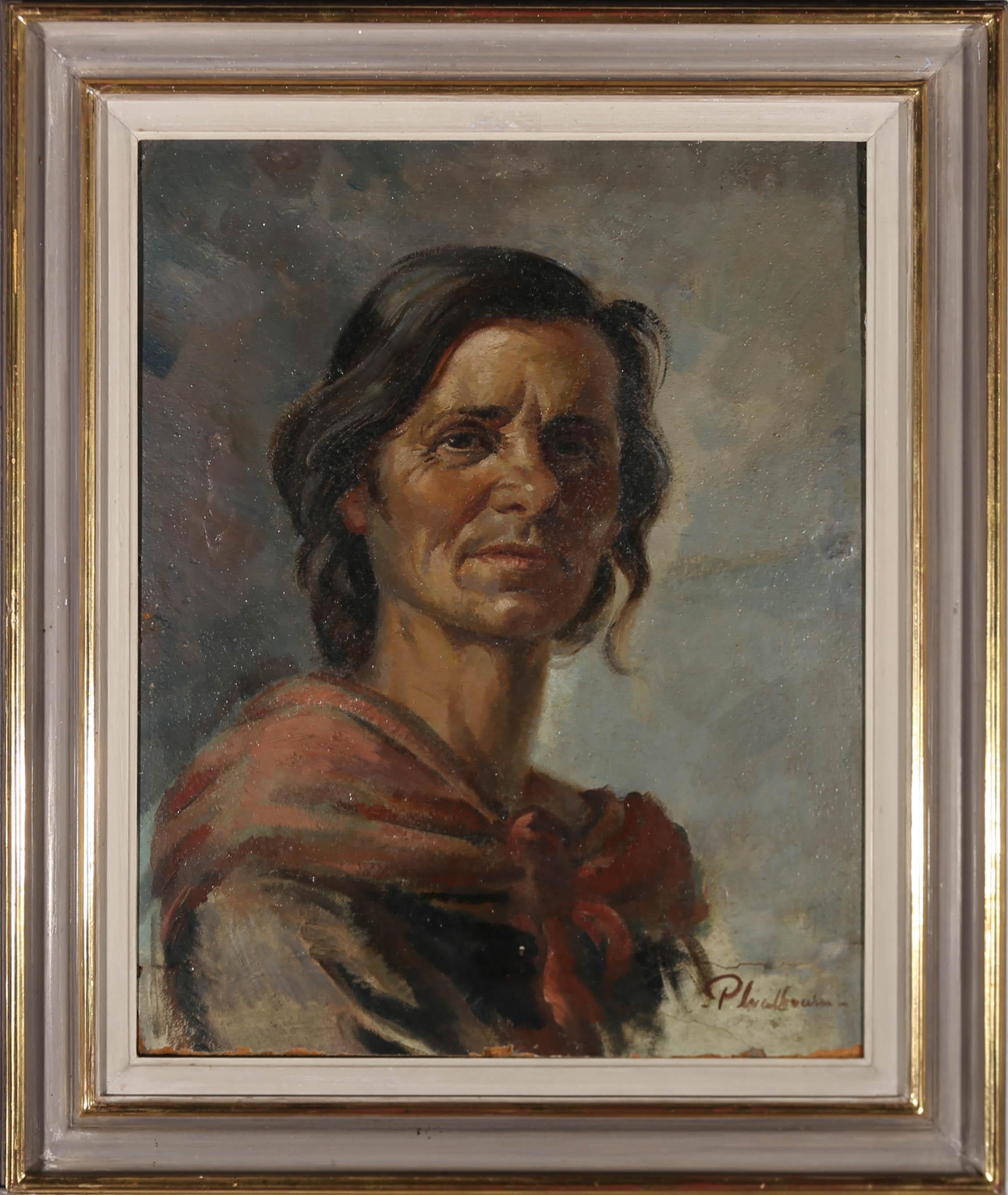 A fine 20th Century portrait in oil showing a striking looking Italian woman with a furrowed brow. She is wearing a red shawl around her shoulders and has a regal posture and stare, despite her weathered face and clothes. The artist has signed to
