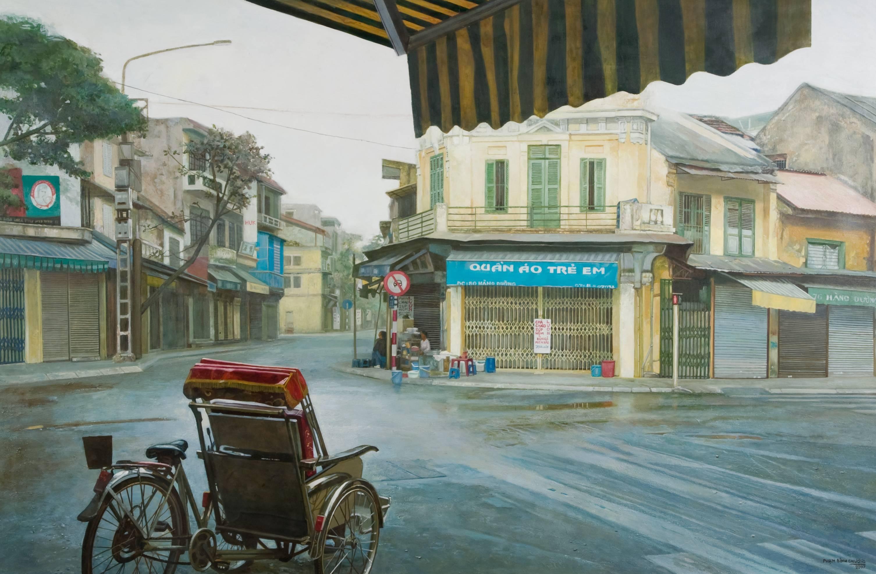 Pham Binh Chuong Landscape Painting - "Buoi Som Dung Street" Oil Painting of a City Street Scene