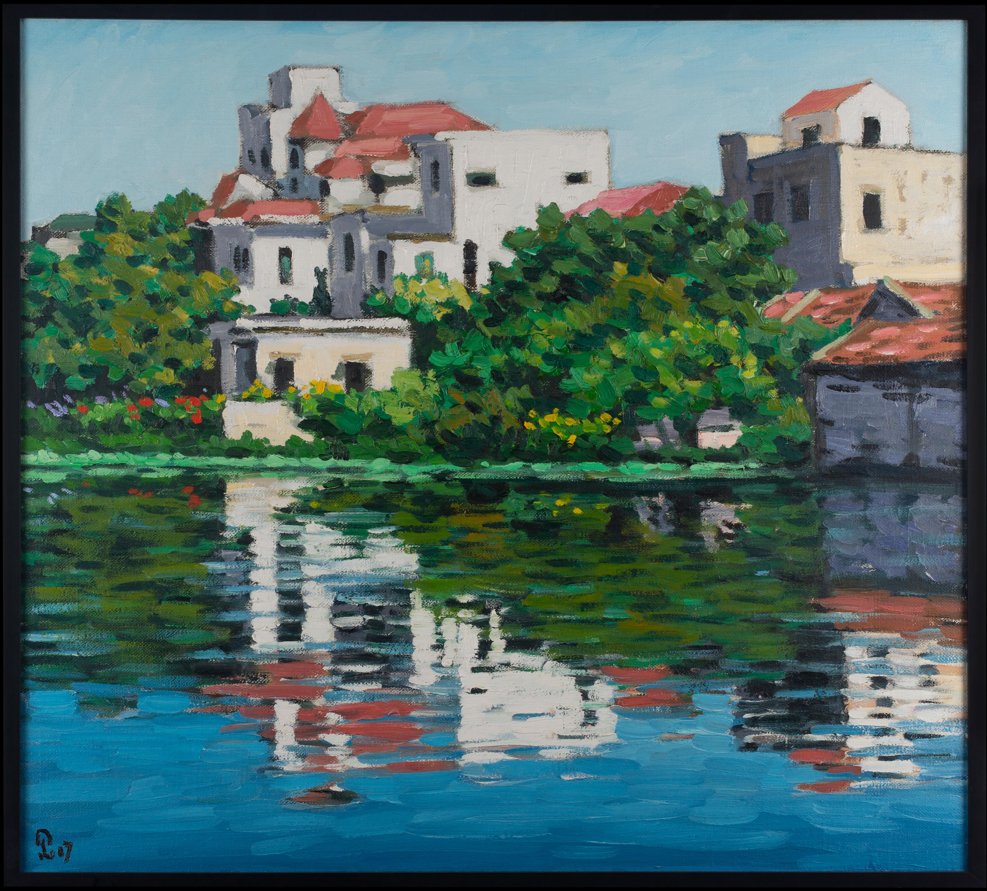 Impressionistisches Gemälde „Romantic Lake“ mit rosa-blau-grüner Wasserlandschaft im Angebot 1