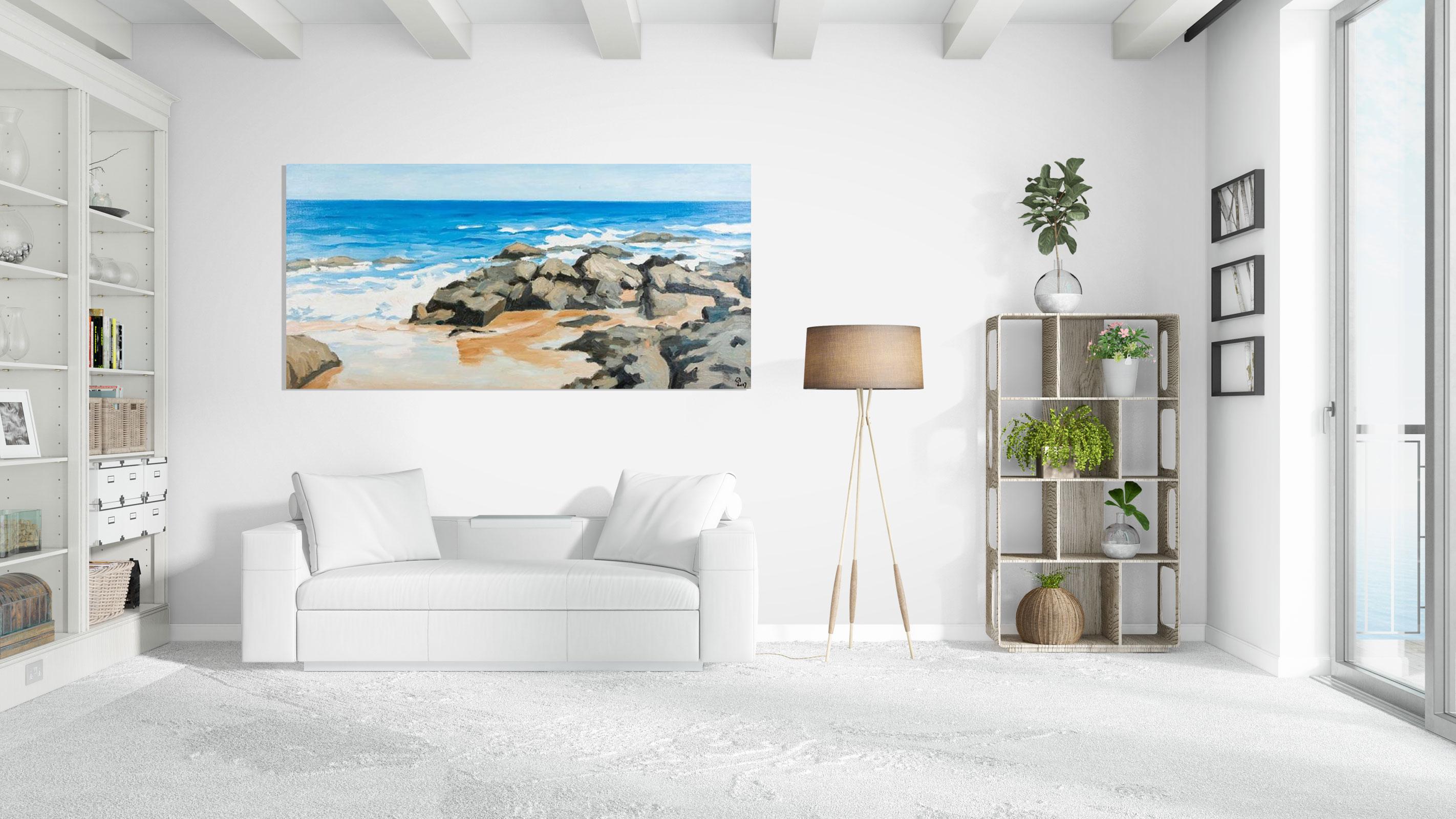 ‘Saui Son Beach’ is a large oil on canvas Impressionist seascape painting of horizontal format, created by Vietnamese artist Pham Luan in 2008. Featuring a palette made of blue, grey, brown and white tones, the painting depicts a mesmerizing