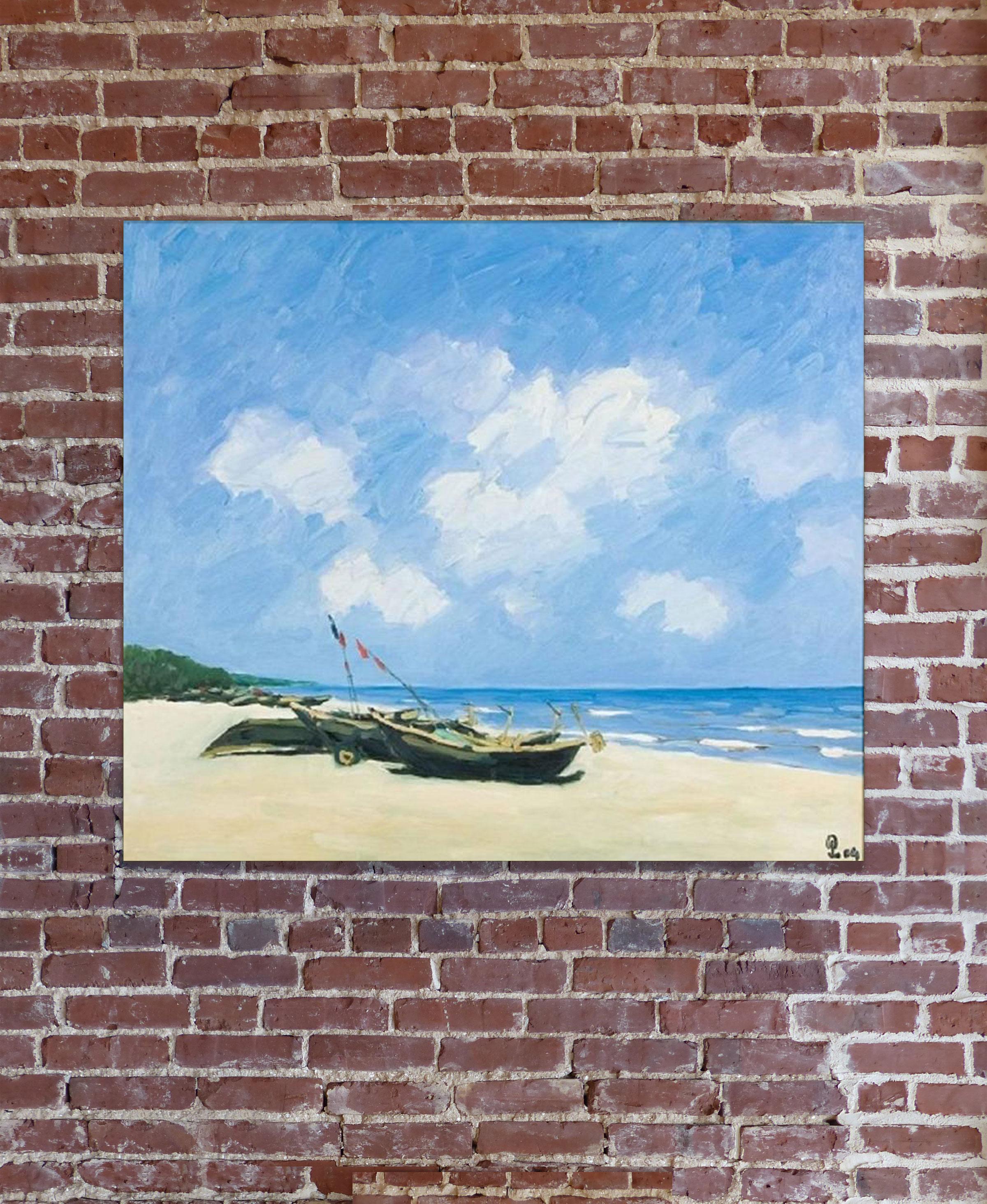 ‘Sav Jon Beach’ is a large framed Impressionist oil on canvas seascape painting created by Vietnamese artist Pham Luan in 2004. Featuring a soft palette made of blue, beige and green, the painting is a true portrait of one of Vietnam’s many stunning