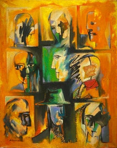 "Apartment Block 3" Huile sur toile Portrait abstrait orange, bleu et vert 