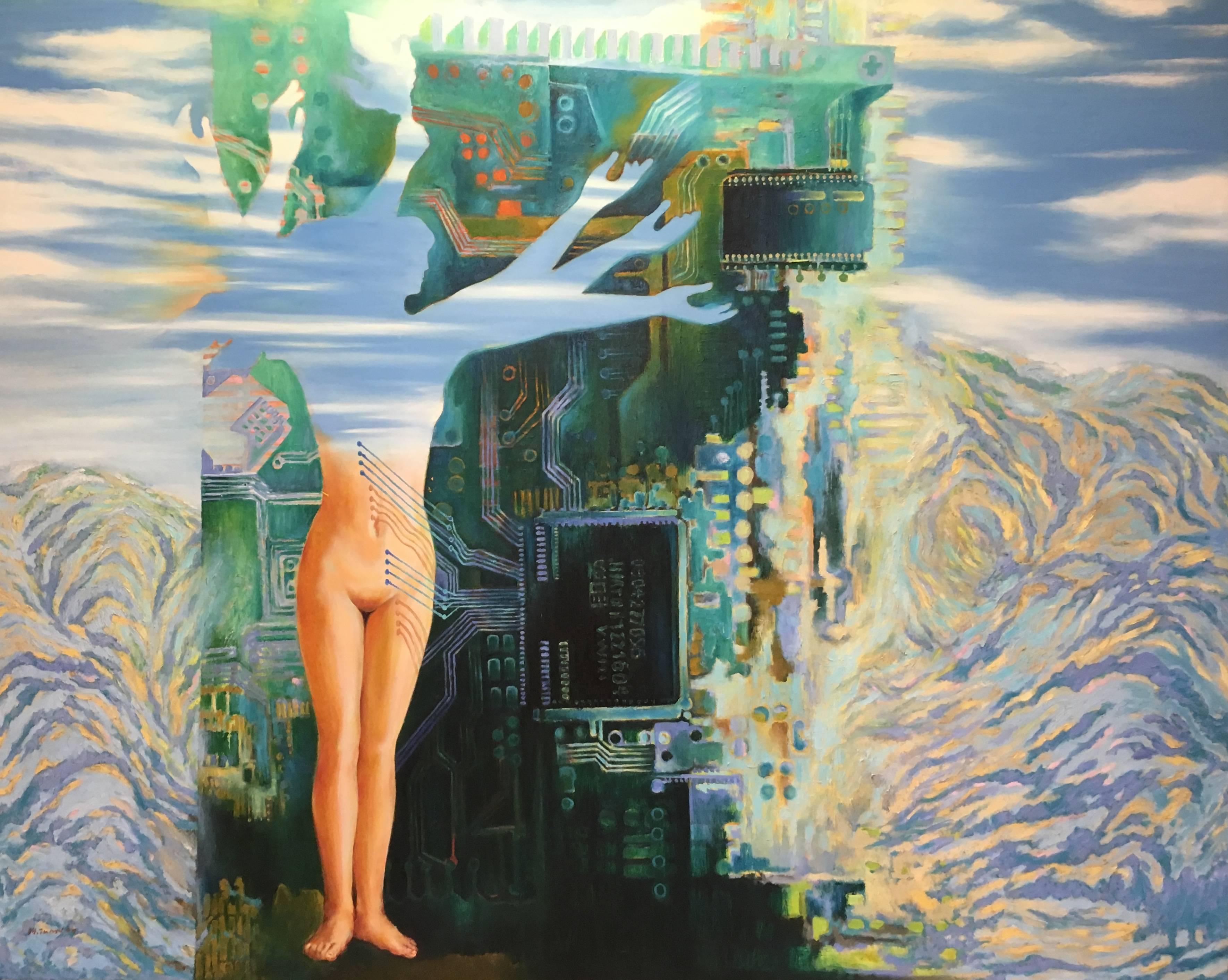 Pham Minh Tuan Figurative Painting - "Convention and Eternity" Oil on Canvas Surreal Blue Green 