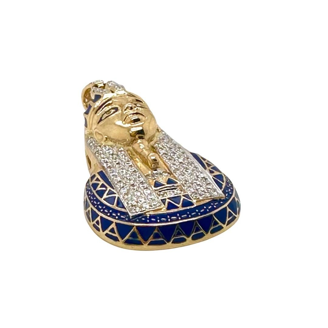 Style: Pharaoh Enamel Pendant

Metal: Yellow Gold

Metal Purity: 14K

Stones: 102 Diamonds

Diamond Color: G-H​​​​​​​

Diamond Clarity: VS1-VS2

Total Carat Weight (ct): 1.3 ct

Total Item Weight (g): 13.5 g 

Dimensions: 1.75 in x 1 in (including