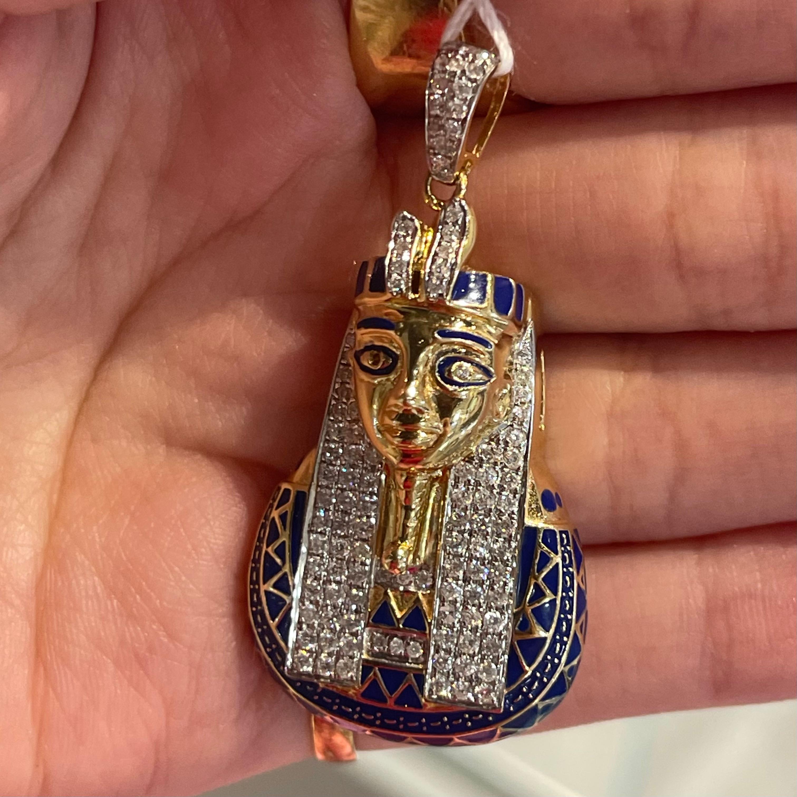 Round Cut Pharaoh Blue Enamel and Diamond 14k Yellow Gold Enamel Pendant For Sale