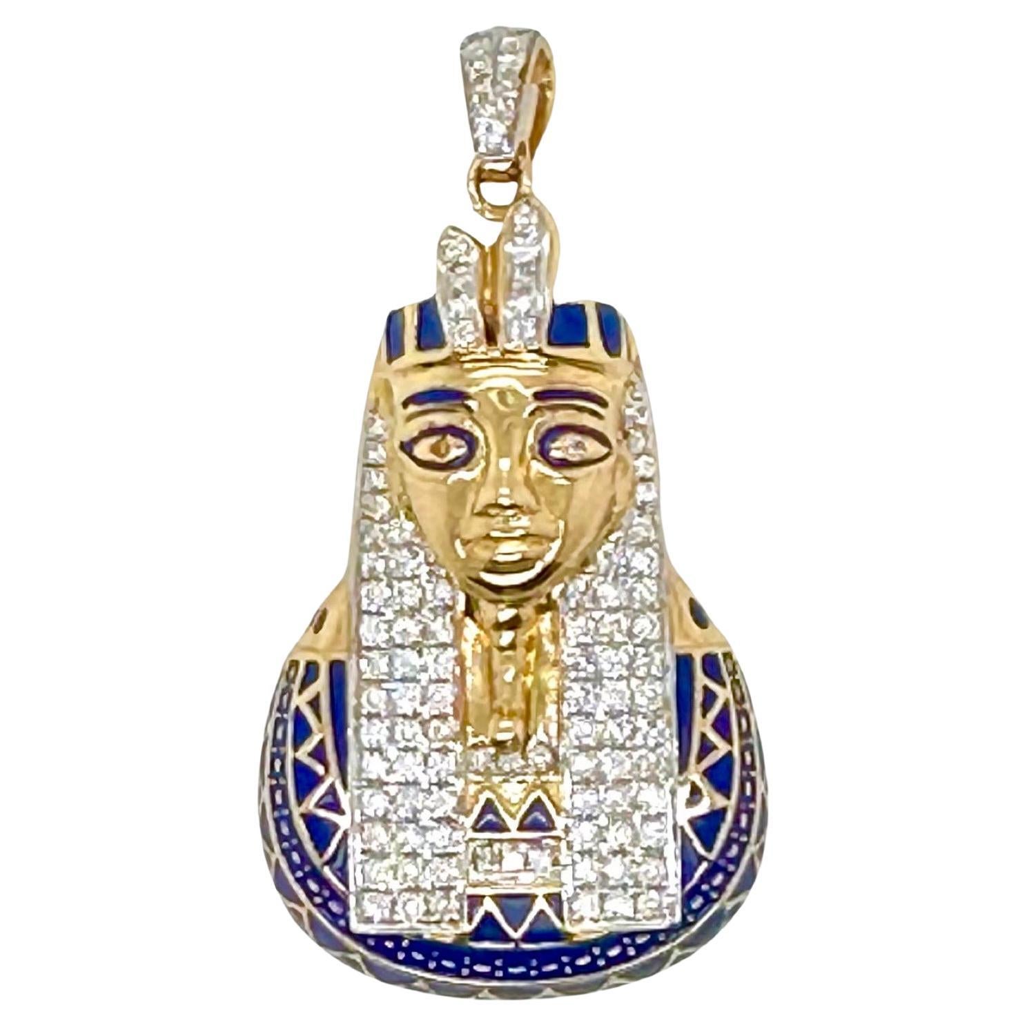 Pendentif pharaon en or jaune 14 carats, émail bleu et diamants
