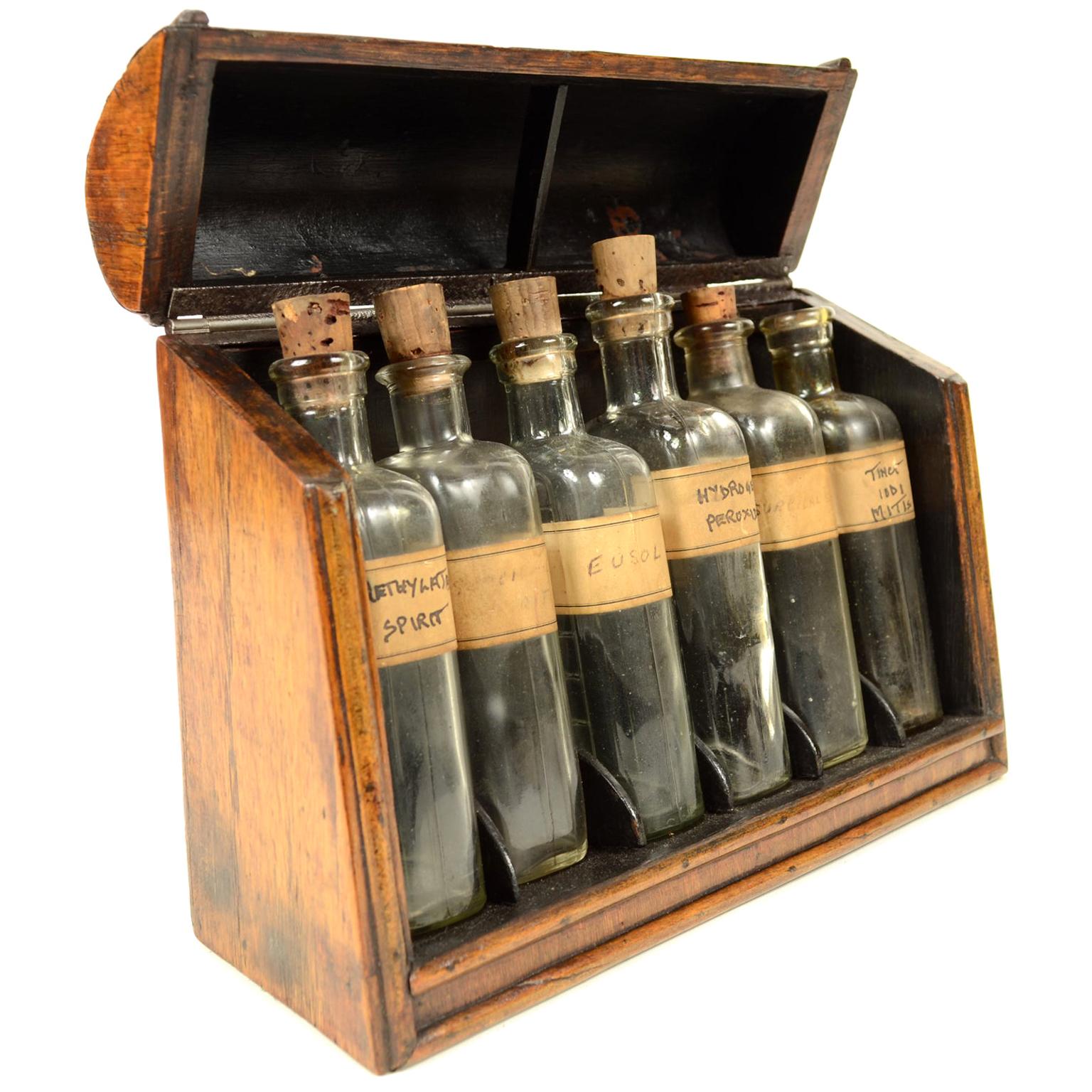 Pharmaceutical Wooden Box with Six Glass Bottles, small apothecary set UK 1860