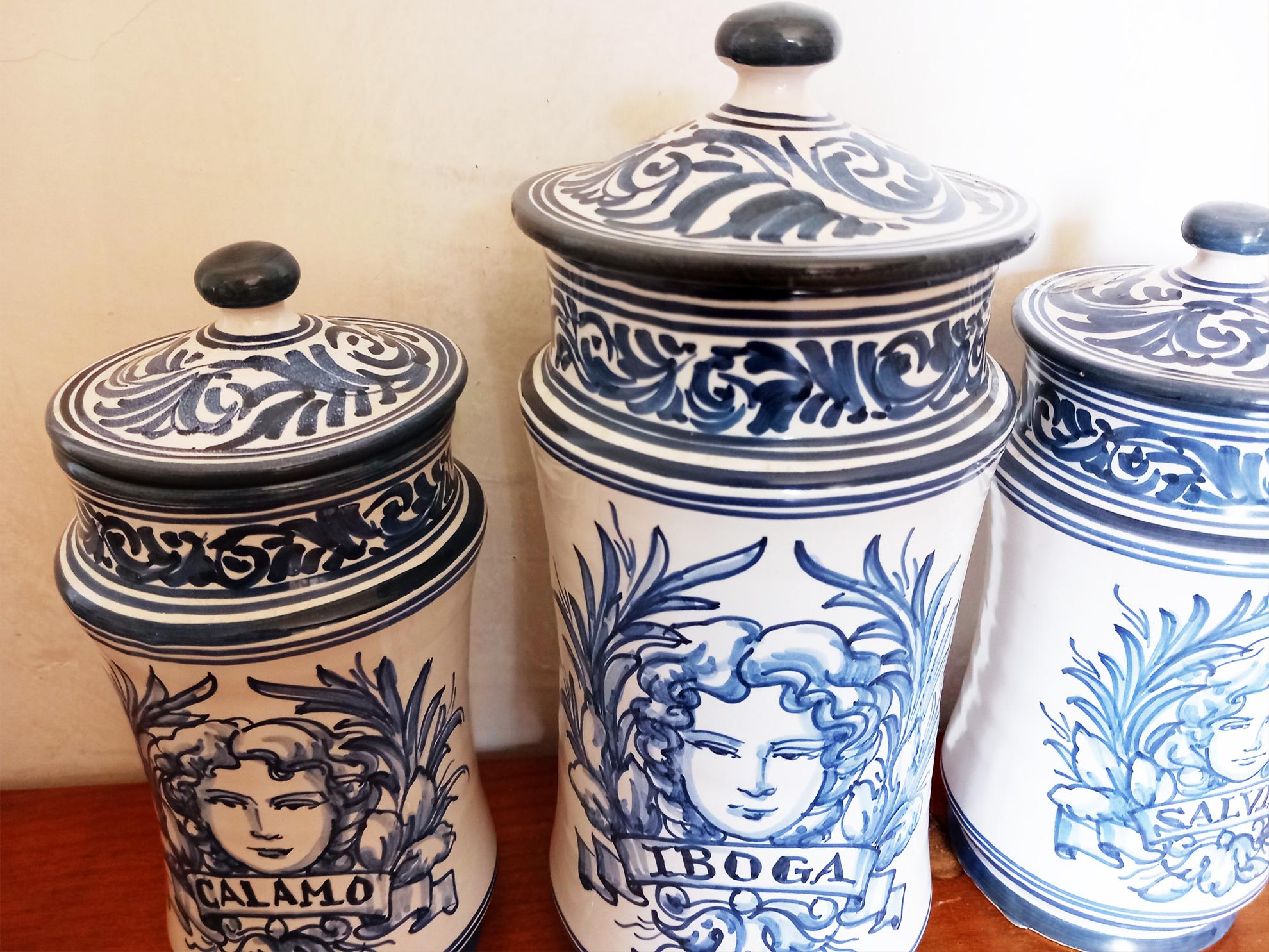 Pharmacy Apothecary Jars, Lot Three Blue and White Spanish Ceramic, Spain 20th  For Sale 4