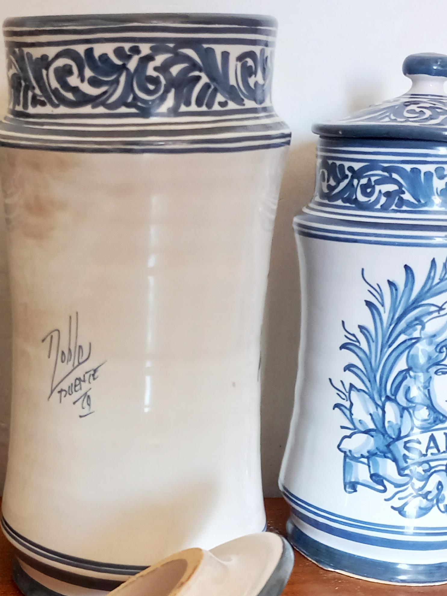 Pharmacy Apothecary Jars, Lot Three Blue and White Spanish Ceramic, Spain 20th  For Sale 5