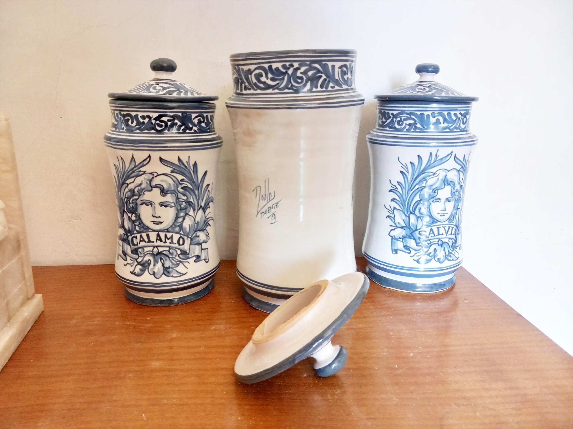 20th Century Pharmacy Apothecary Jars, Lot Three Blue and White Spanish Ceramic, Spain 20th  For Sale