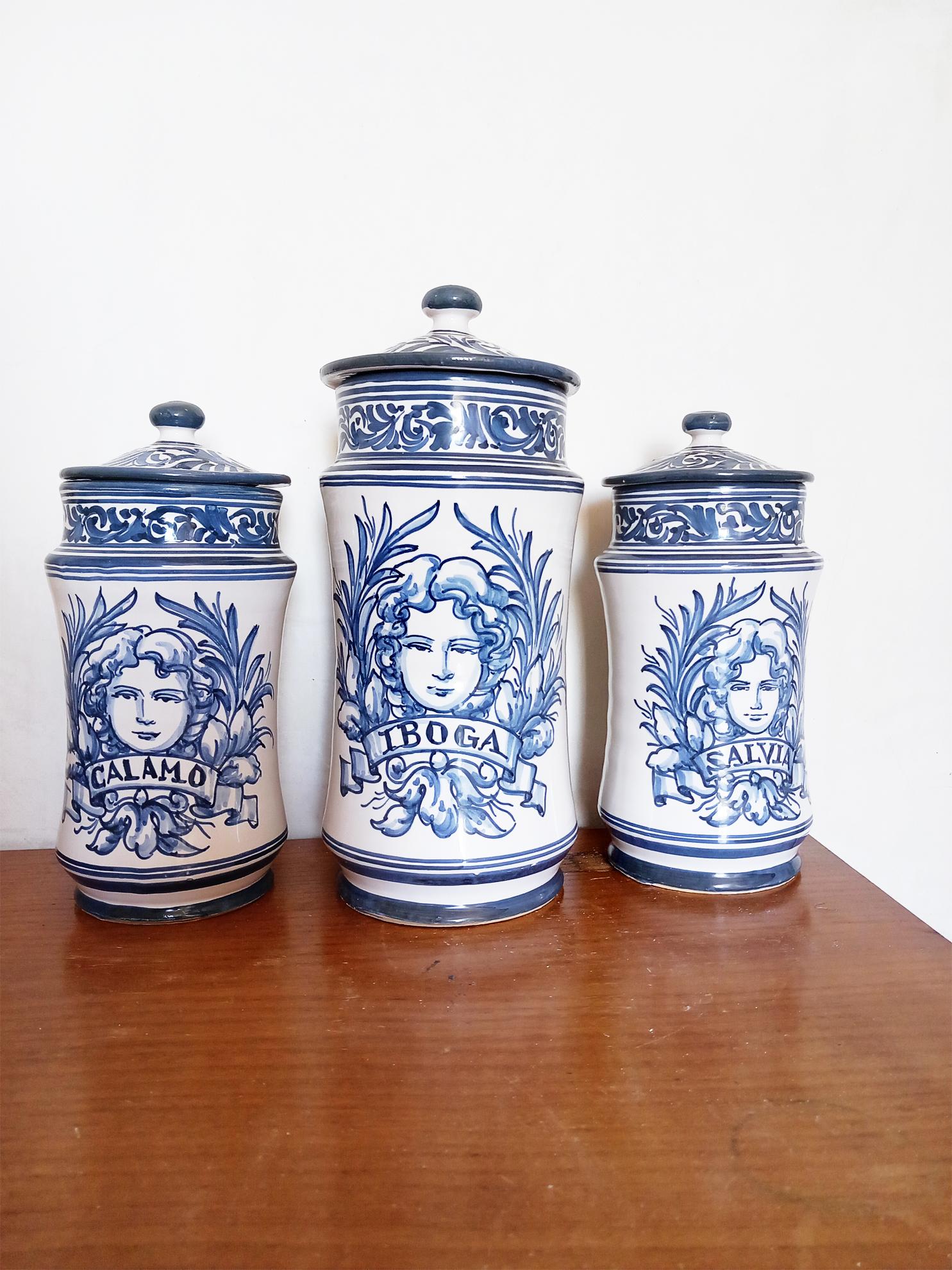Pharmacy Apothecary Jars, Lot Three Blue and White Spanish Ceramic, Spain 20th  For Sale 1