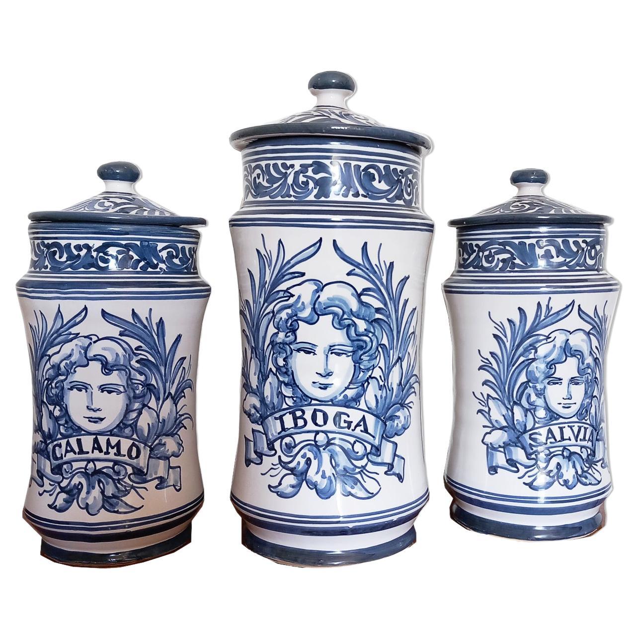 Pharmacy Apothecary Jars, Lot Three Blue and White Spanish Ceramic, Spain 20th For Sale