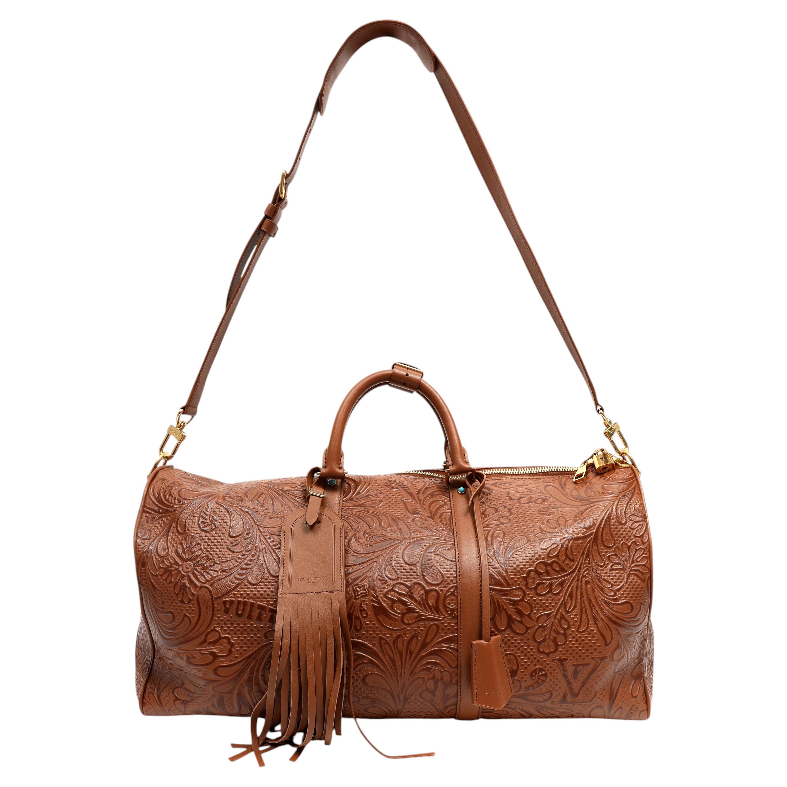 Pharrell Williams Runway Louis Vuitton: Duffel Keepall in pelle di vitello con frange 50 in vendita