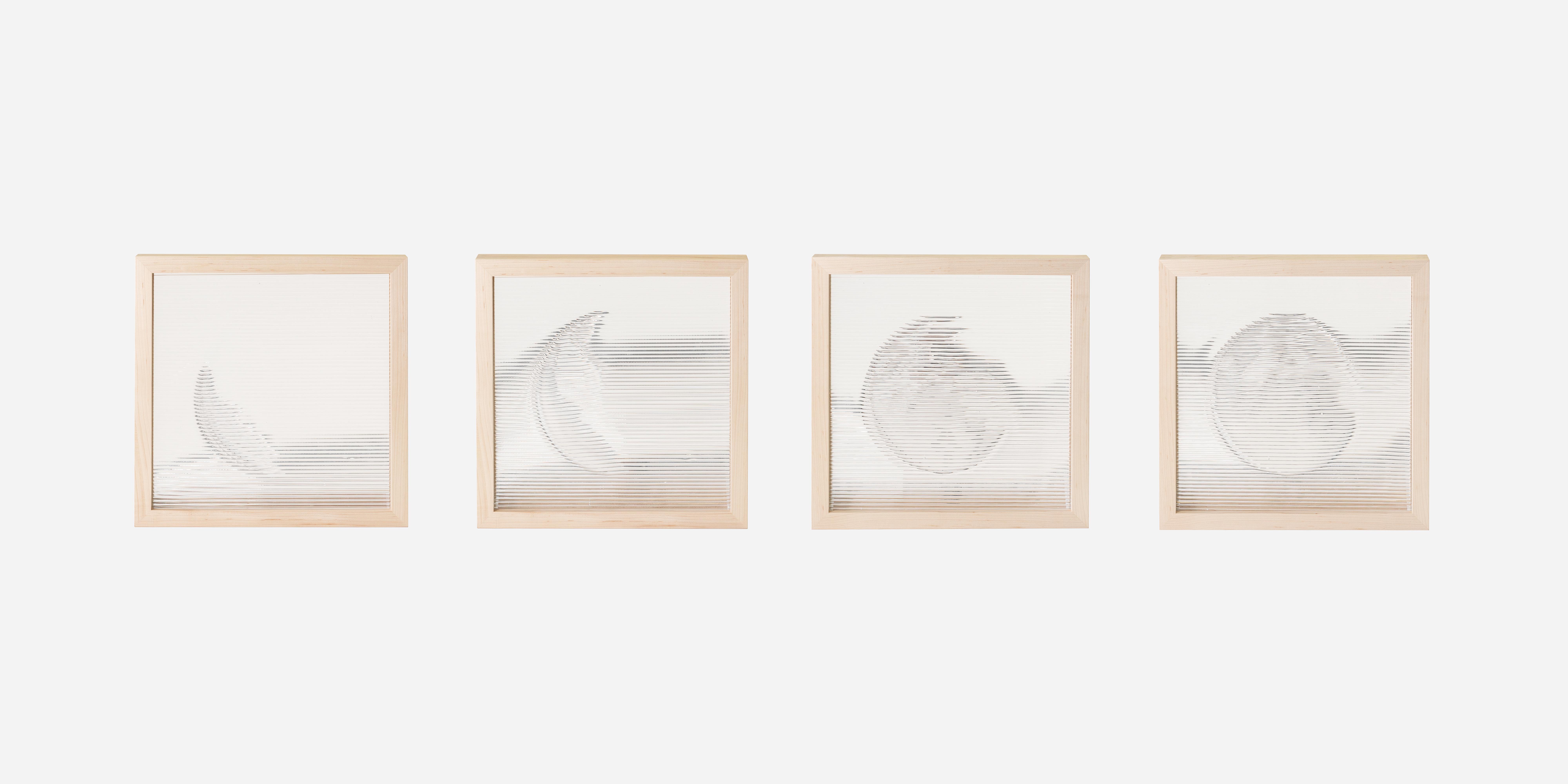 Ethereal in nature the images in these panels appear and disappear. The viewer must orbit the work to first see and then comprehend. This work explores a new way of markmaking in glass. 

Using a novel, artist-developed process, gray-scale images
