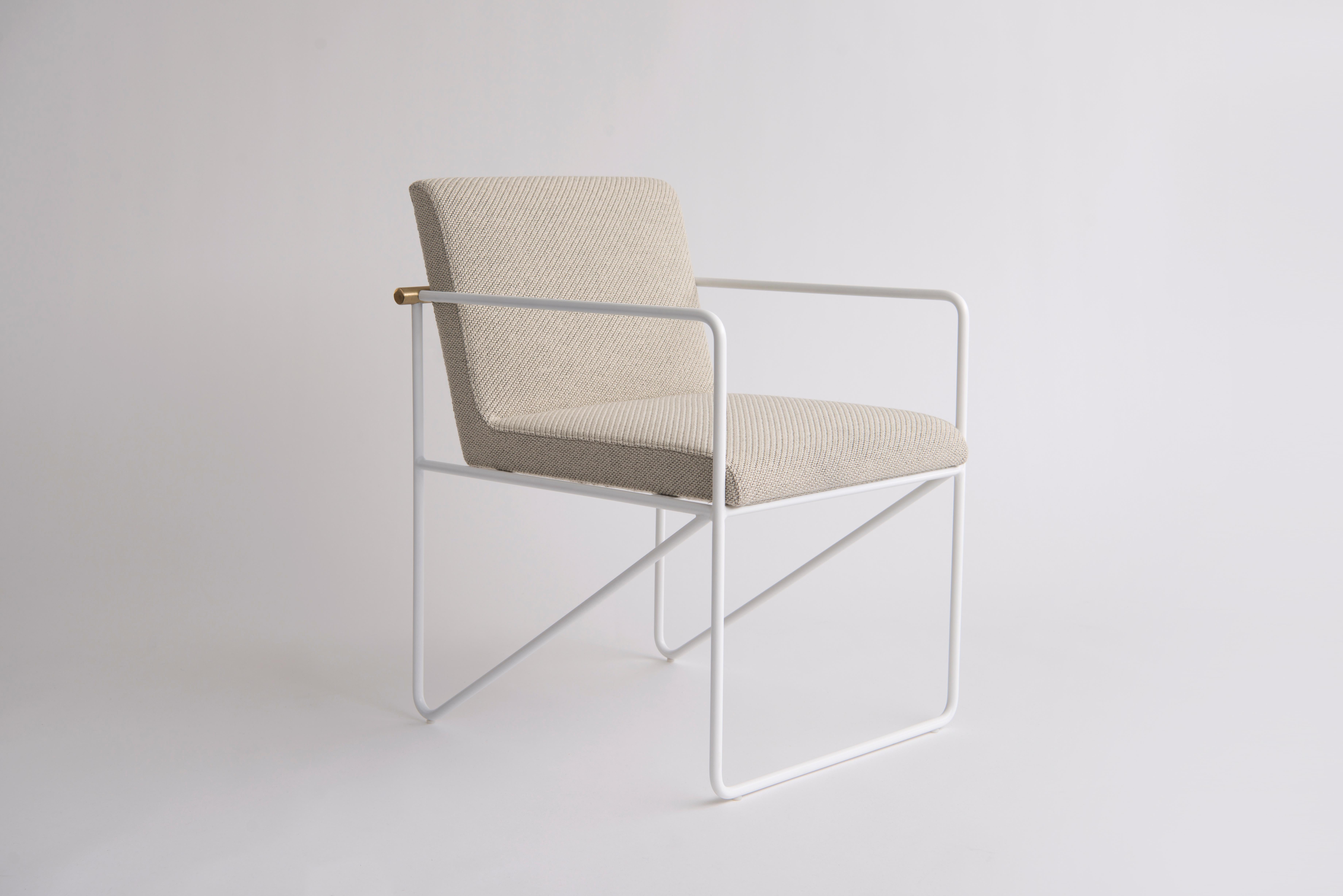 Important to note that this listing is for the Kickstand Side Chair (With Arms) in a Flat White Powder Coat Finish. Pricing is COM and this listing does not include the price of fabric. A configuration without arms is also available; see separate