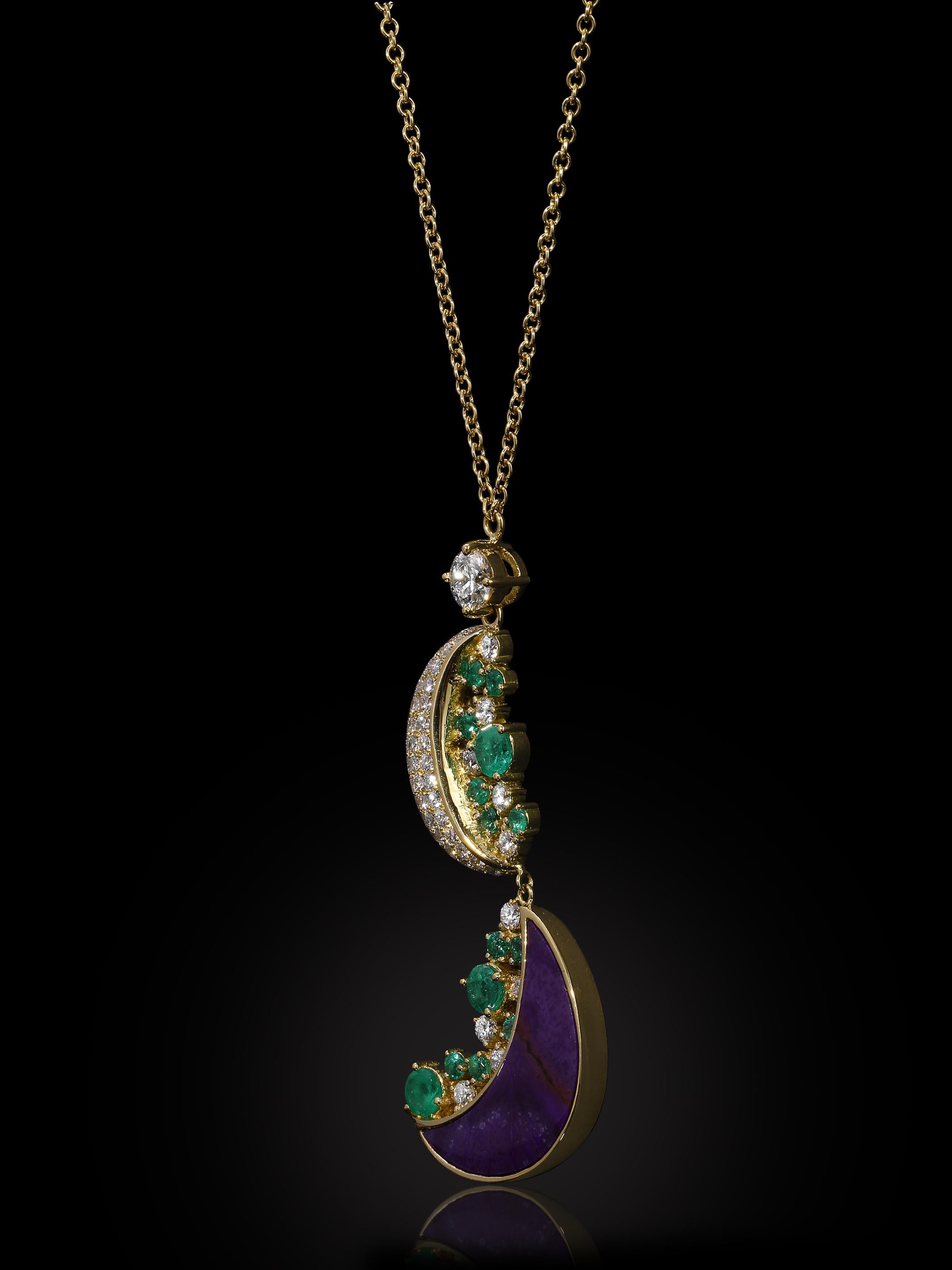 A cascade of brilliance. In an eye capturing design, highlighting both waning crescent and waxing crescent moons decorated with emeralds and diamonds and the waxing moon features the illusive Sugilite stone. 

Material – Sugilite, VS pavé Diamonds,