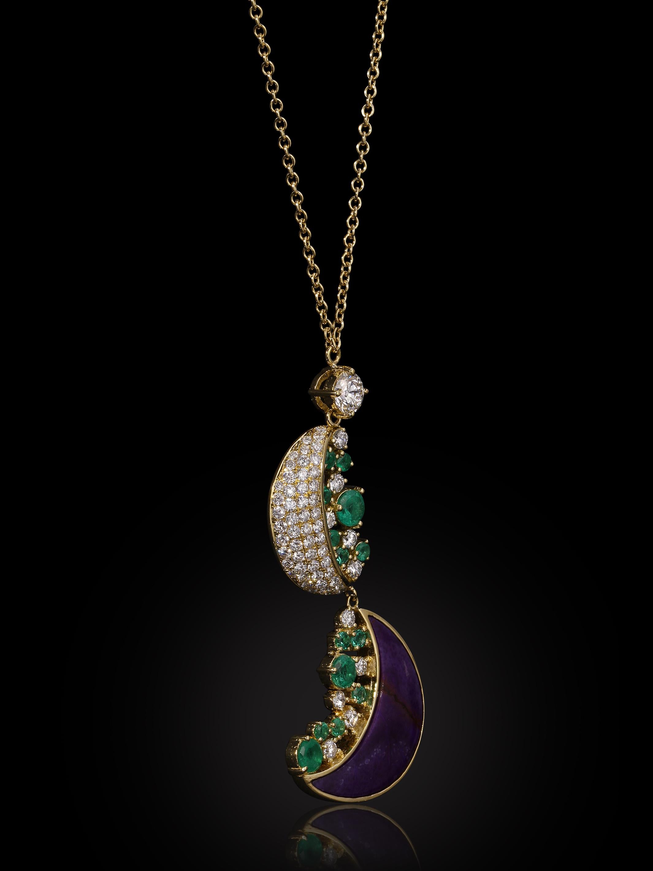 Emerald Cut Phases de la Lune Sugilite & Diamond Pavé Moons & Emeralds Necklace 18k Gold For Sale