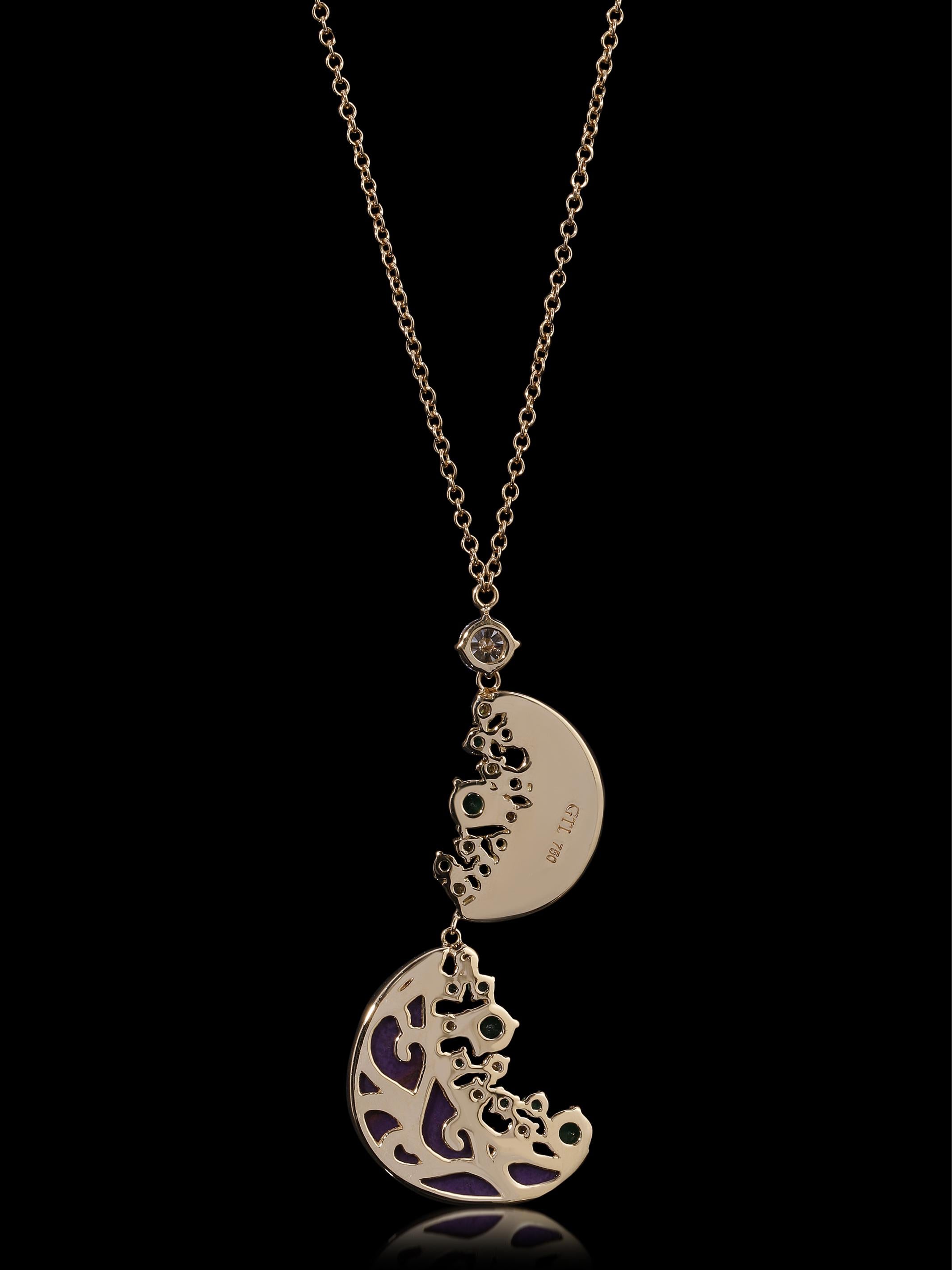 Phases de la Lune Sugilite & Diamond Pavé Moons & Emeralds Necklace 18k Gold In New Condition For Sale In Mission Viejo, CA