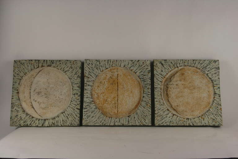 #5-1735, a handmade Japanese triptych wall decoration. The set is made of wood, fabric and paper. Each panel measure 13 H inch x 13 L.