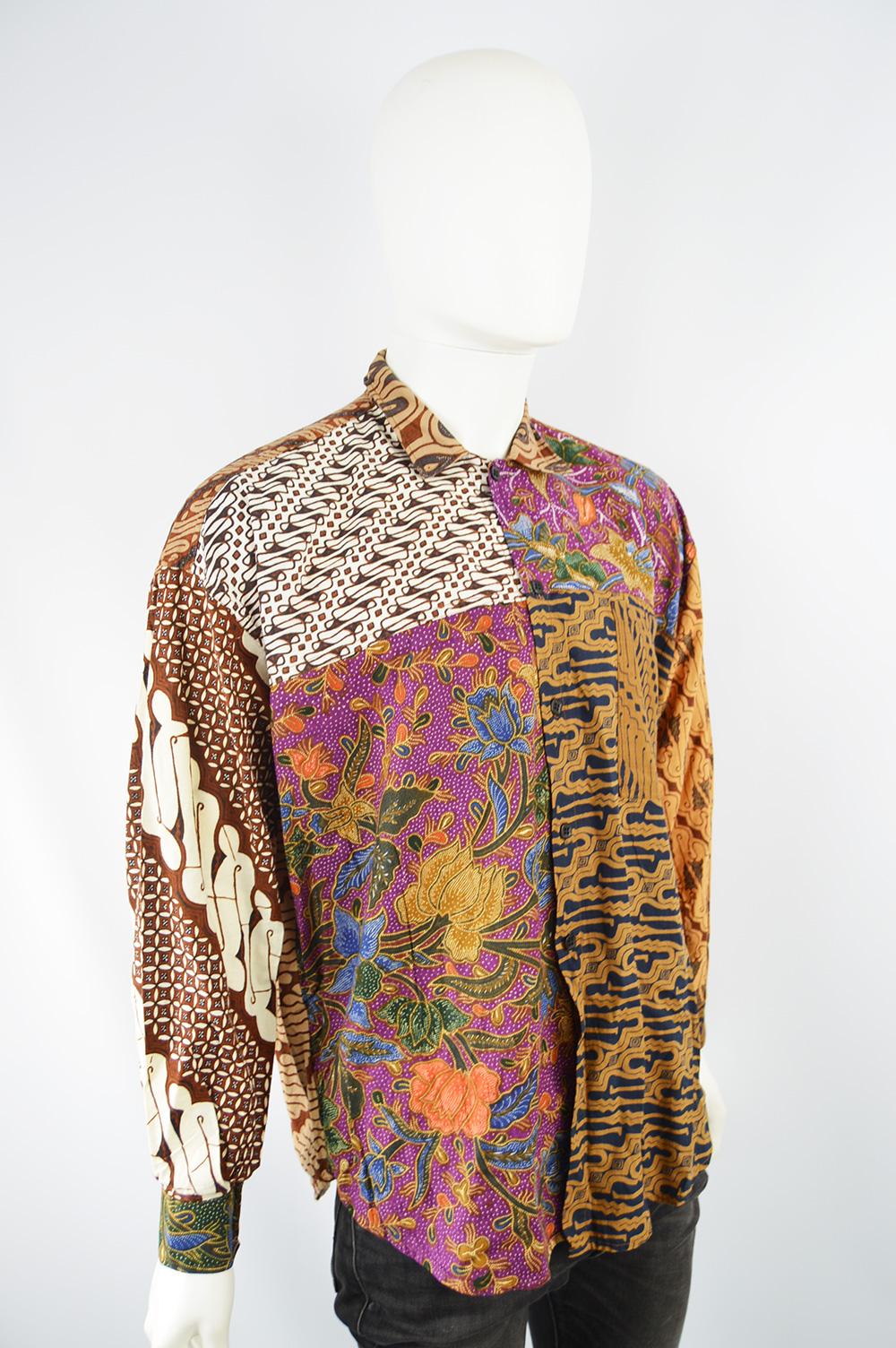 Brown Phaze Hand Printed Indonesian Batik Patchwork Men's Vintage Long Sleeve Shirt For Sale