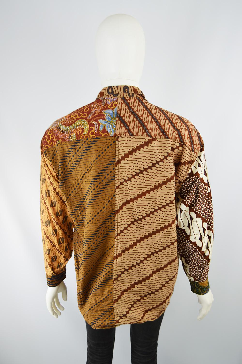 Phaze Hand Printed Indonesian Batik Patchwork Men's Vintage Long Sleeve Shirt For Sale 2