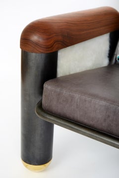 "Phe-Phe Club Chair" Blackened Steel, Brass and Walnut Wood Lounge Chair