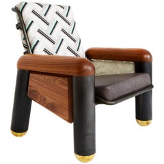 "Phe-Phe Club Chair" Blackened Steel, Brass and Walnut Wood Lounge Chair