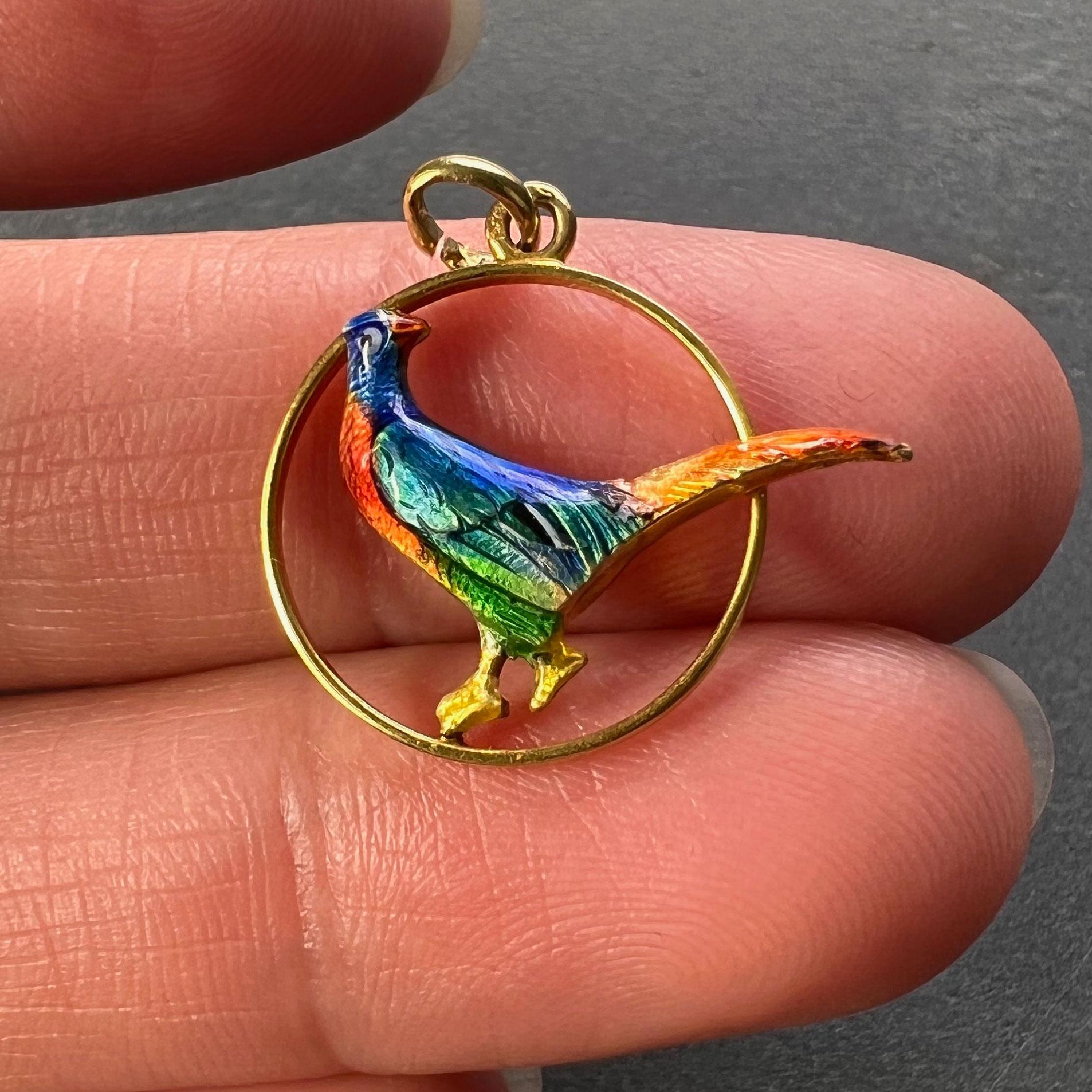 Pheasant 14K Yellow Gold Enamel Charm Pendant In Good Condition For Sale In London, GB