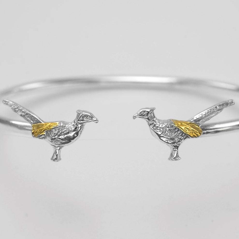 Pheasant Bangle in Sterling Silver and 18 Carat Gold In New Condition For Sale In London, GB