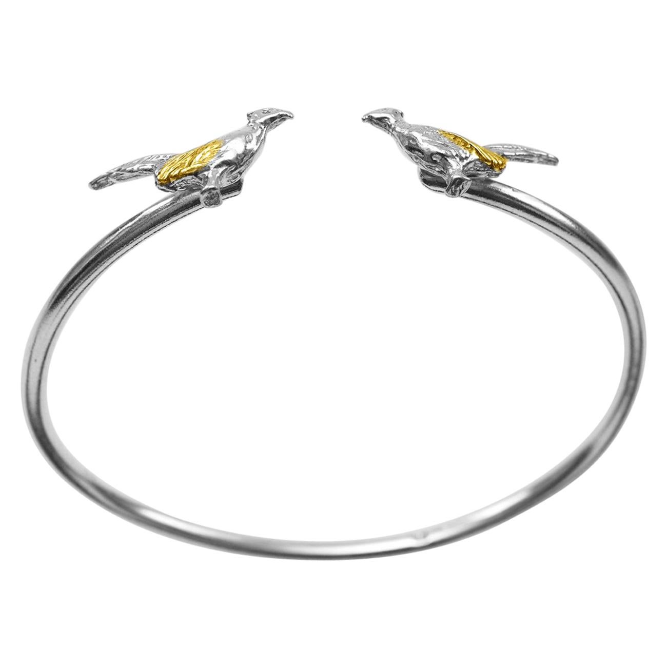 Pheasant Bangle in Sterling Silver and 18 Carat Gold For Sale