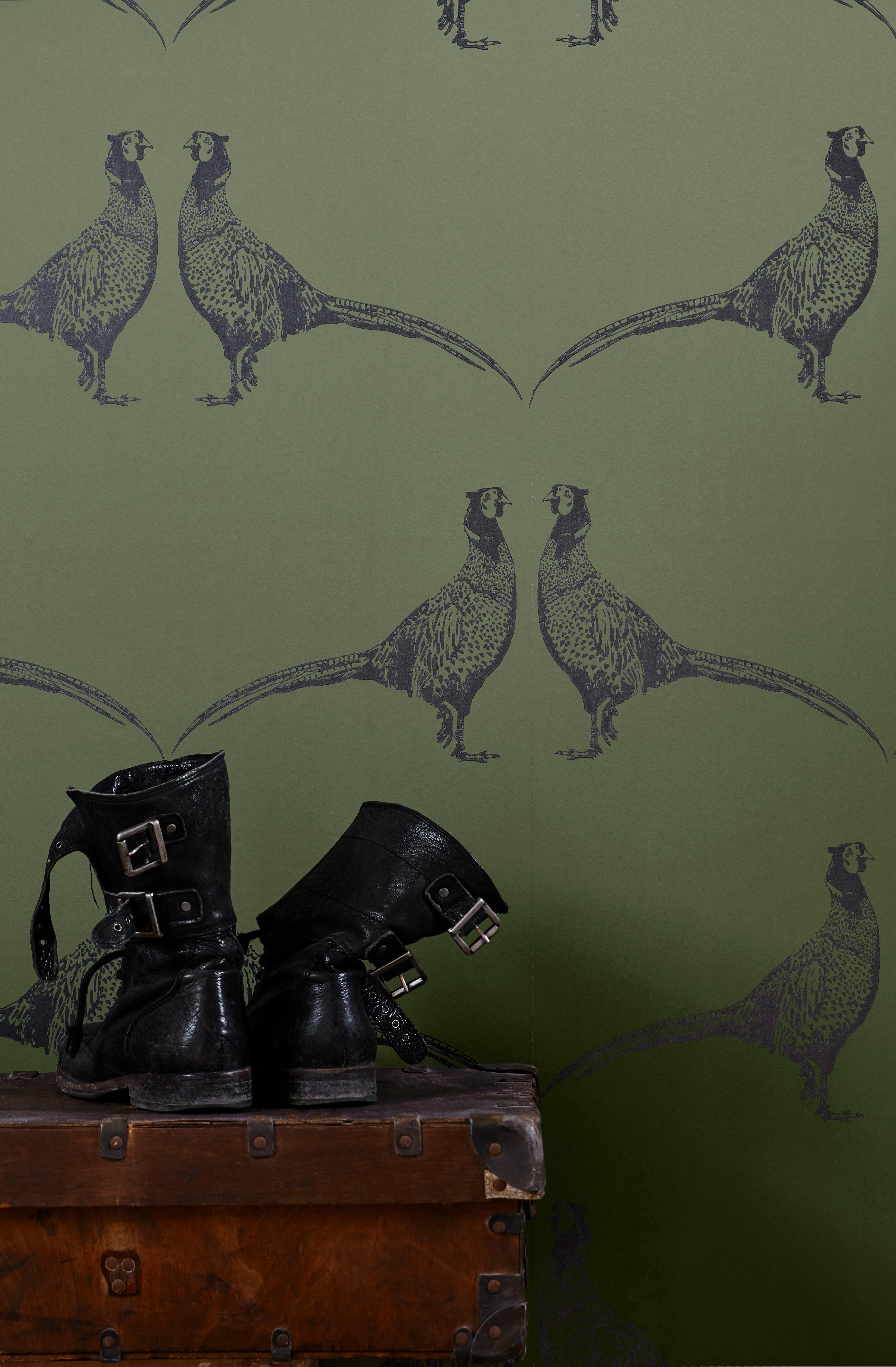 British 'Pheasant' Contemporary, Traditional Wallpaper in Camo Green For Sale