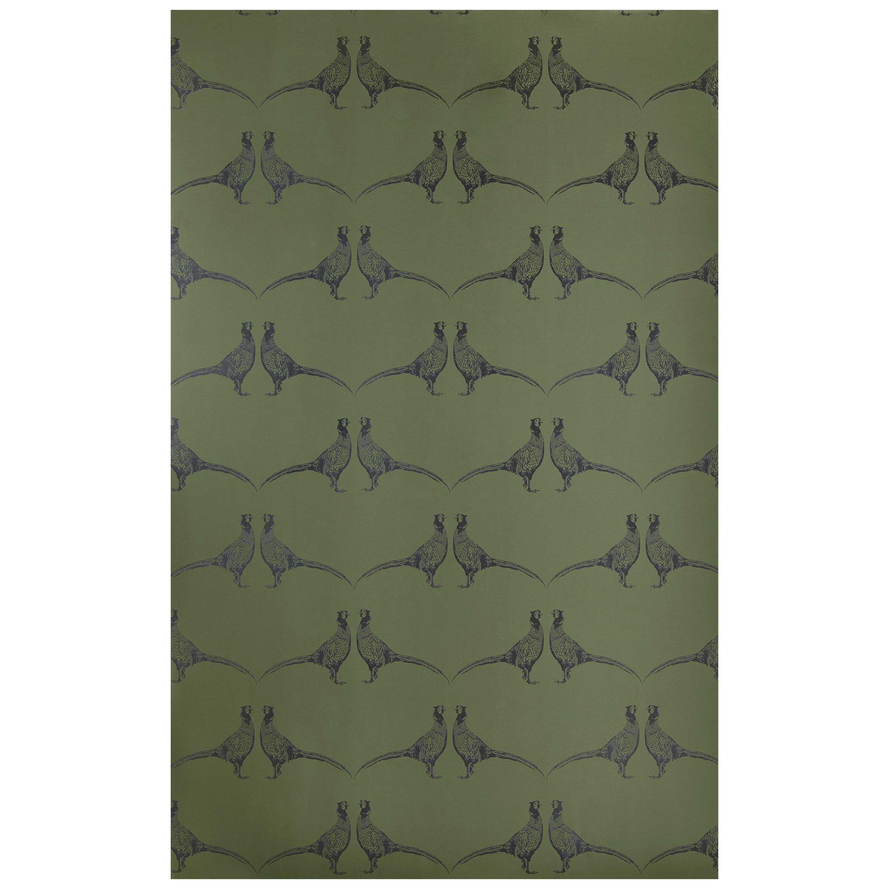 'Pheasant' Contemporary, Traditional Wallpaper in Camo Green For Sale