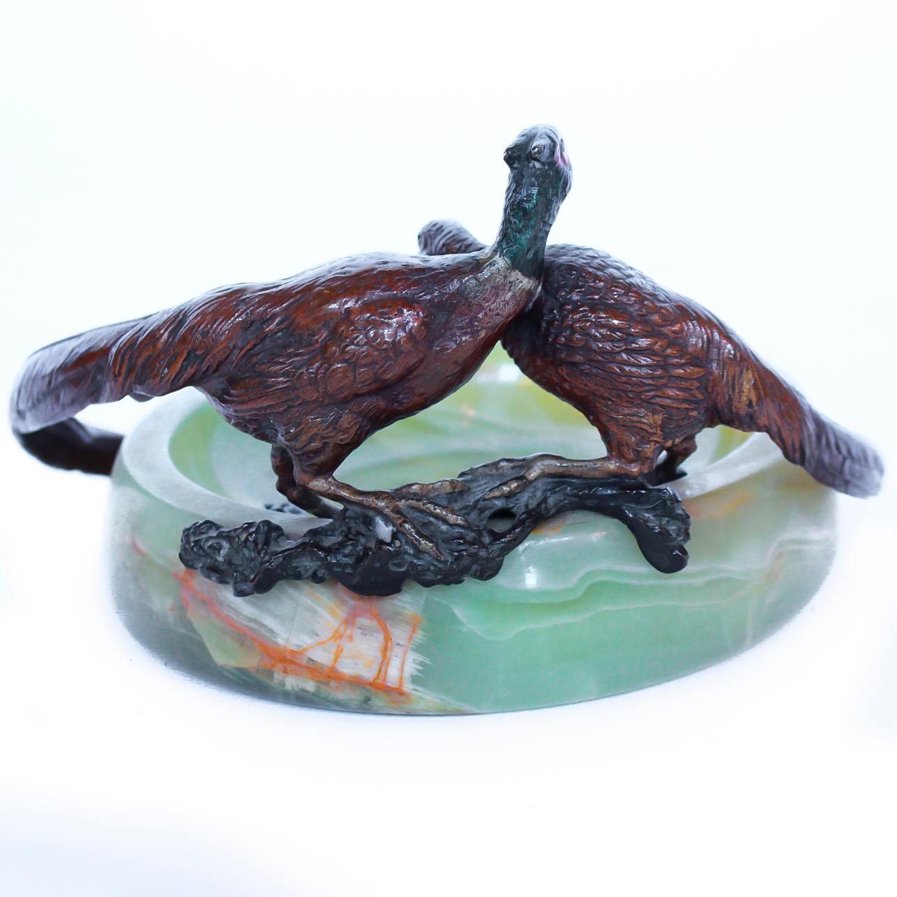Early 20th Century Pheasant Vide Poche Solid Bronze Encircling Onyx Dish 1