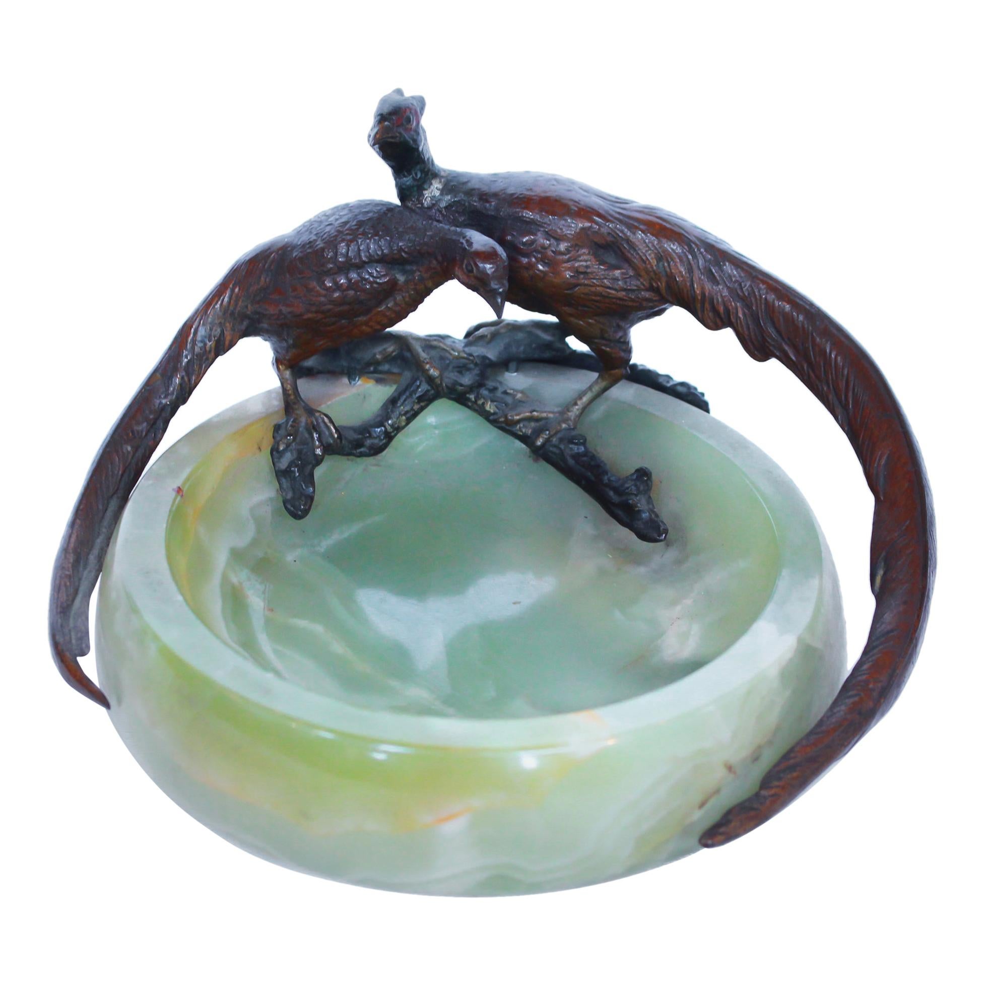 Early 20th Century Pheasant Vide Poche Solid Bronze Encircling Onyx Dish