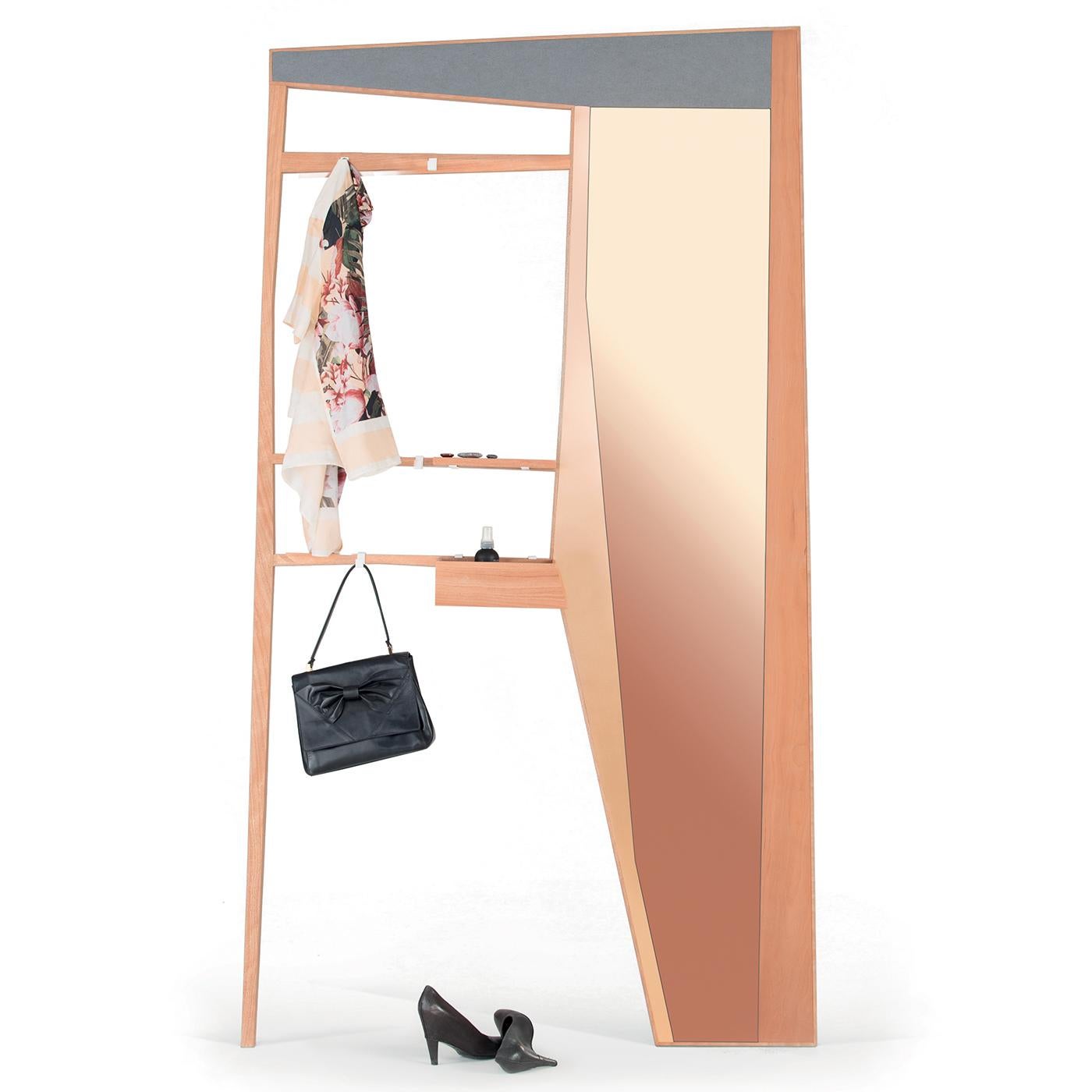 Sophisticated and modern, this multifunctional piece comprises a rectangular frame in dark grey and pear wood that encloses two distinctive elements: an entryway wardrobe with two hooks as coat hangers and three shelves as vide-poche, and an