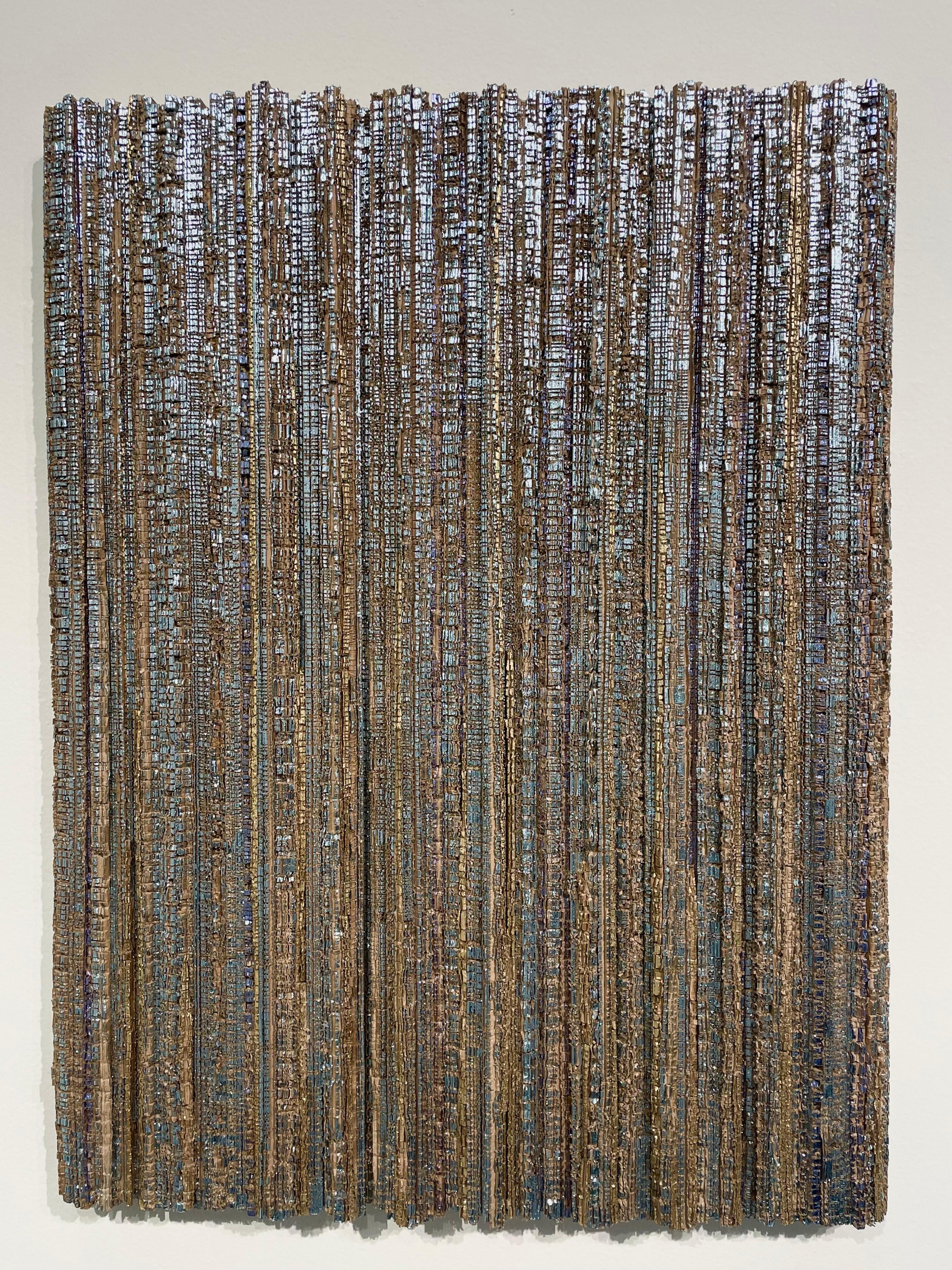 Blue Rhythm - Nature-inspired 3D mural sculpture on cardboard with gold leaves