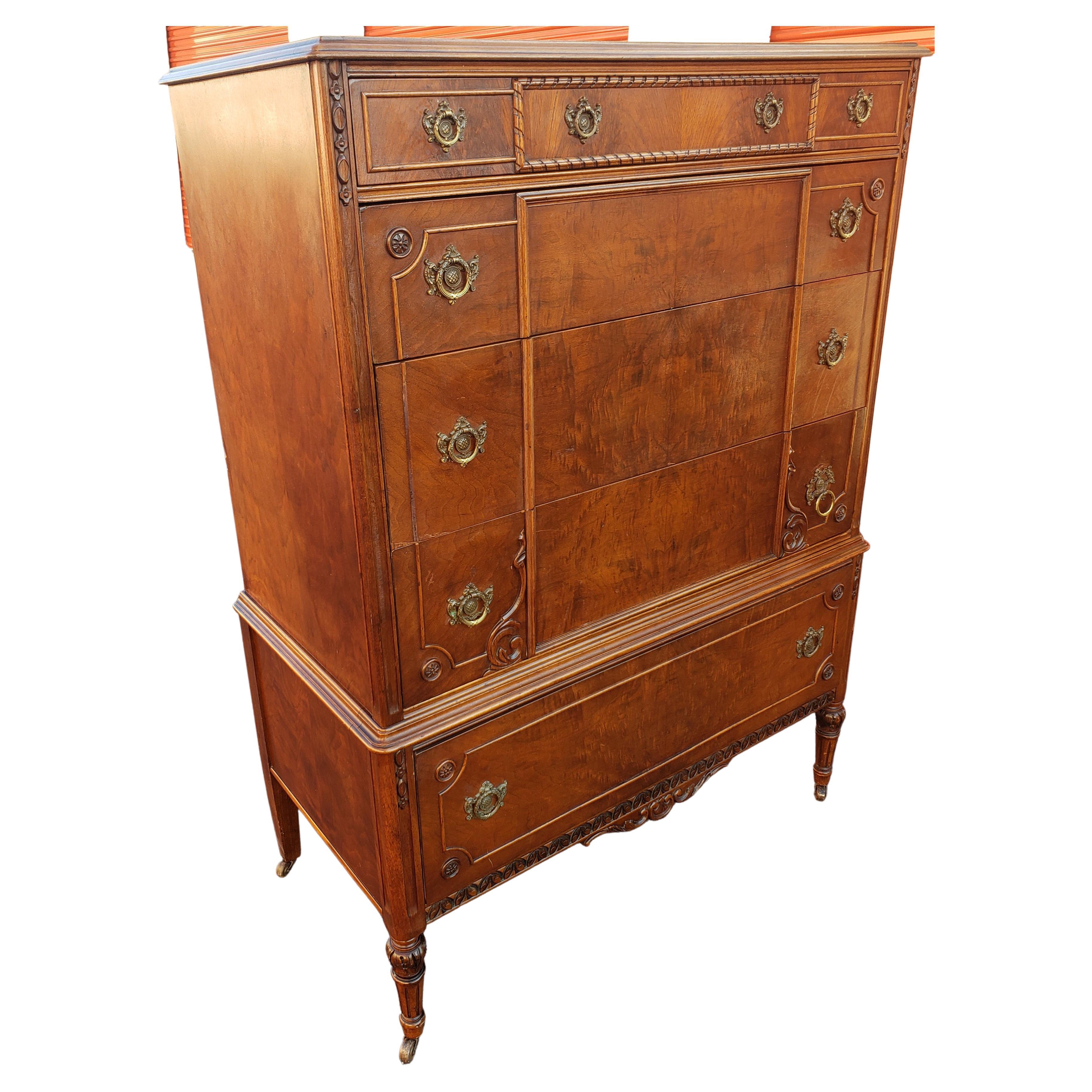 Part of a 8 Piece Bedroom Set by the very reputable Phenix Furniture Co, Warren Pa. Very well made. Quality construction with dovetail finish & wood divided drawers.
This is an antique renaissance style French chest of Drawers with an integrated