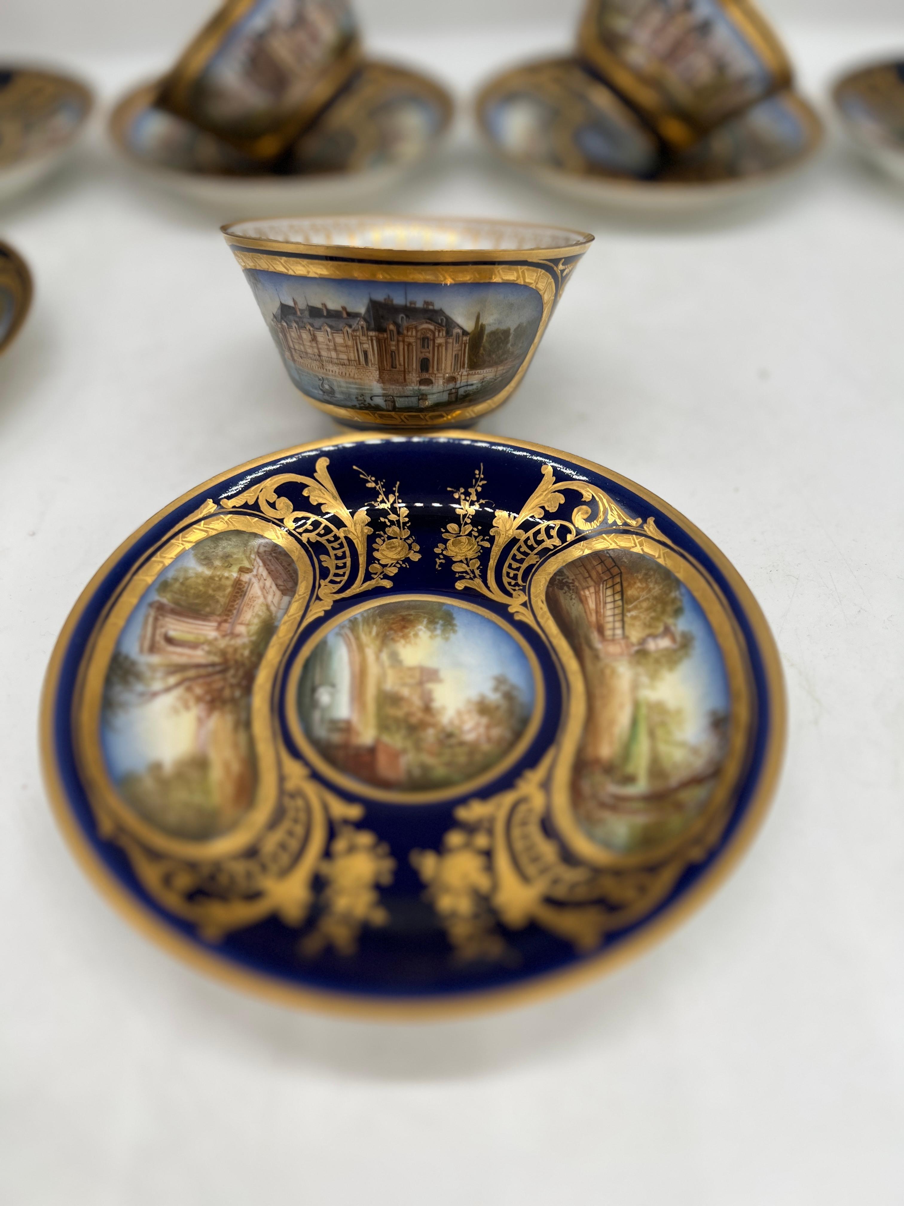 Phénoménal 12 Sèvres 19th C, Chateau Des Tuileries 1846 Chateau Scene Cup Saucer en vente 1