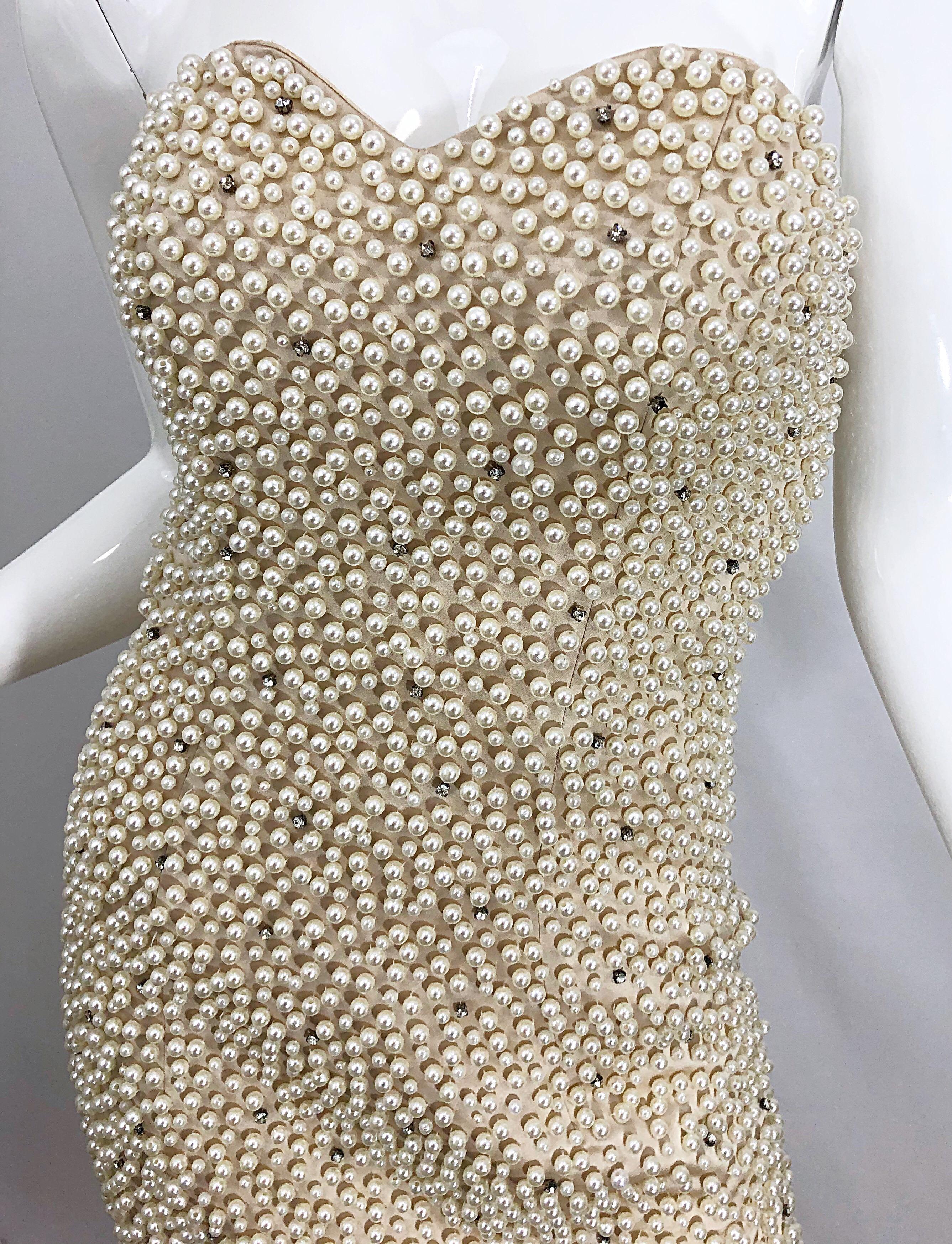 Phenomenal 1980s Couture Pearl + Rhinestone Encrusted Strapless Beige 80s Gown 5
