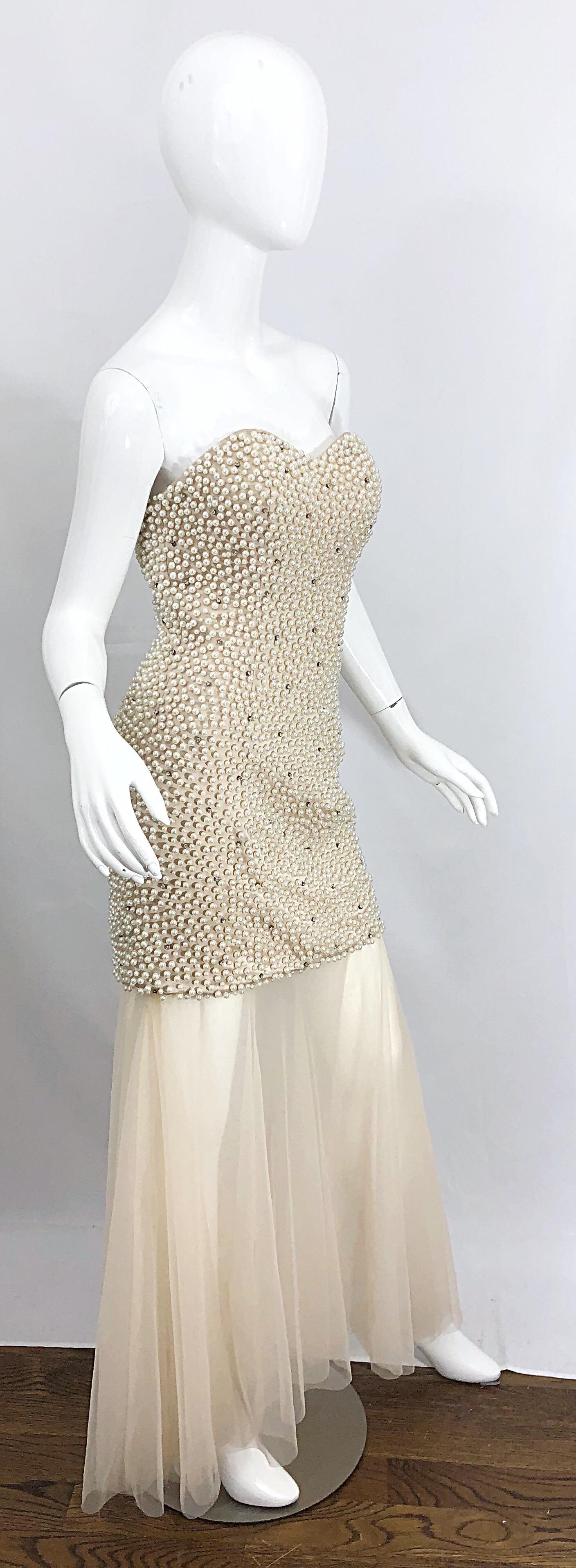 Phenomenal 1980s Couture Pearl + Rhinestone Encrusted Strapless Beige 80s Gown 6