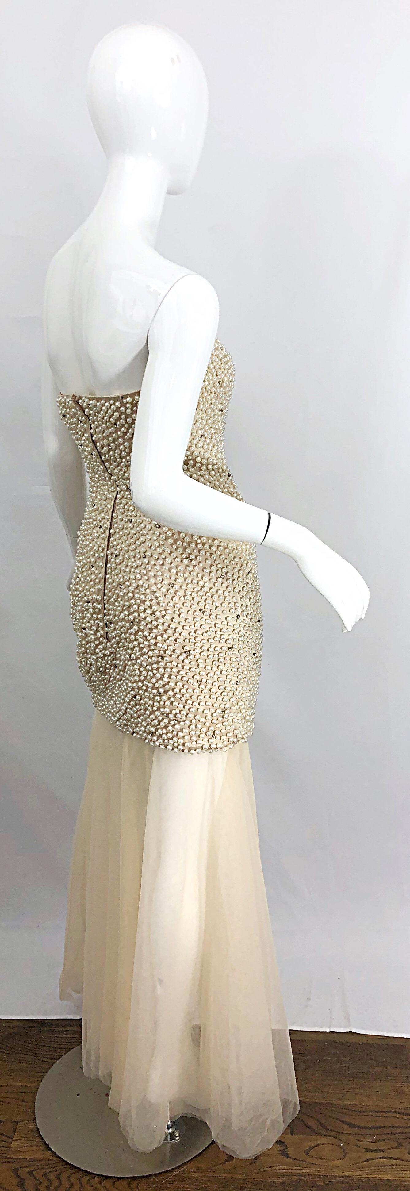 Phenomenal 1980s Couture Pearl + Rhinestone Encrusted Strapless Beige 80s Gown 7