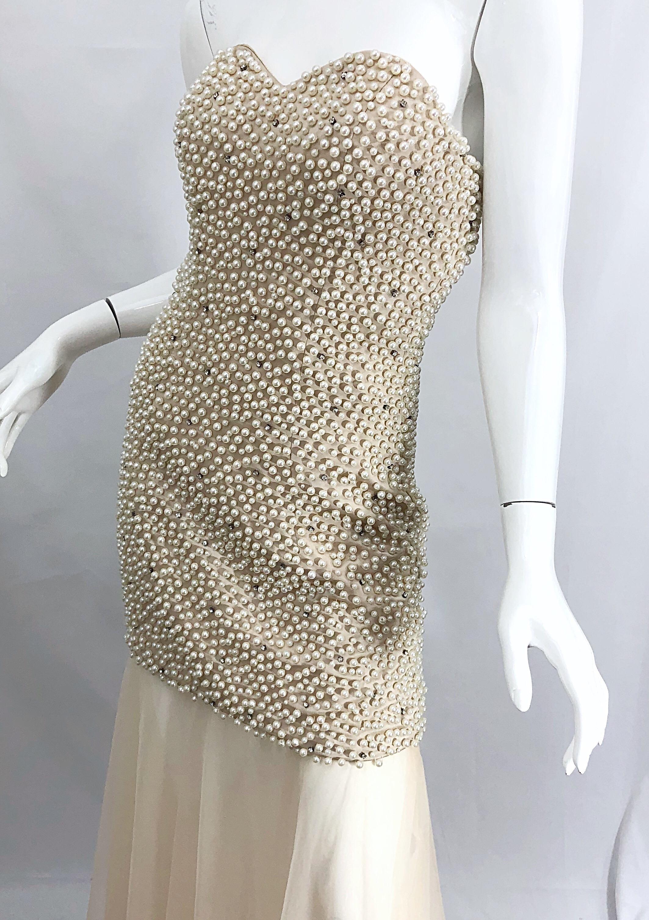 Phenomenal 1980s Couture Pearl + Rhinestone Encrusted Strapless Beige 80s Gown 8